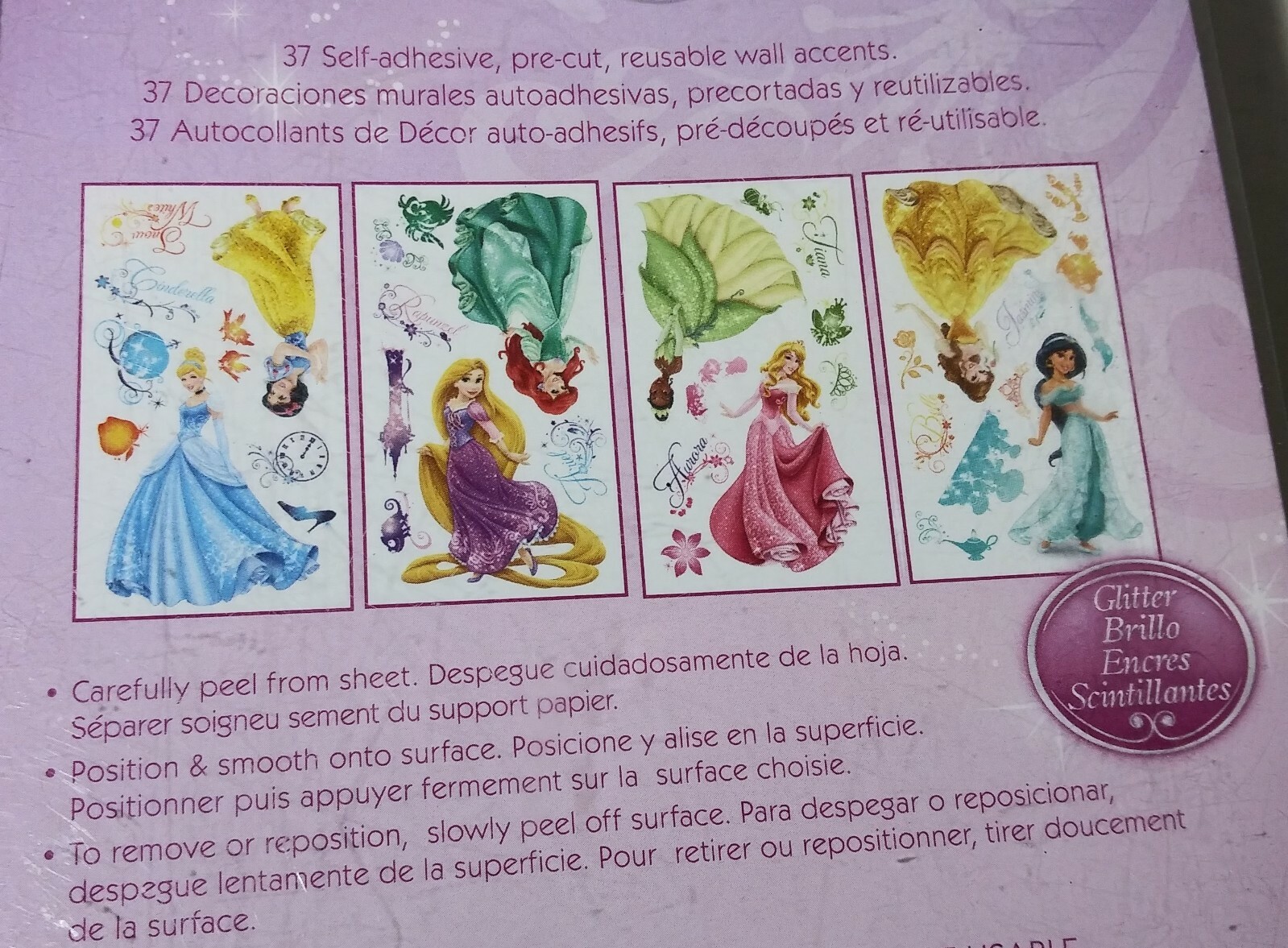 Disney Princess 37 Self Adhesive Peel & Stick Wall Decals ROYAL DEBUT Glitter