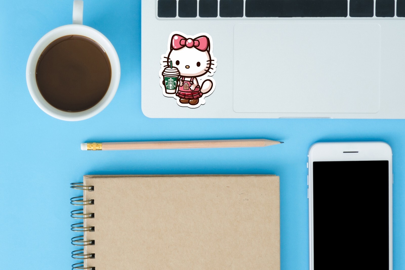 Kitty with Starbucks Sticker, Cute, Waterproof, Laptop, Water Bottle, Die Cut