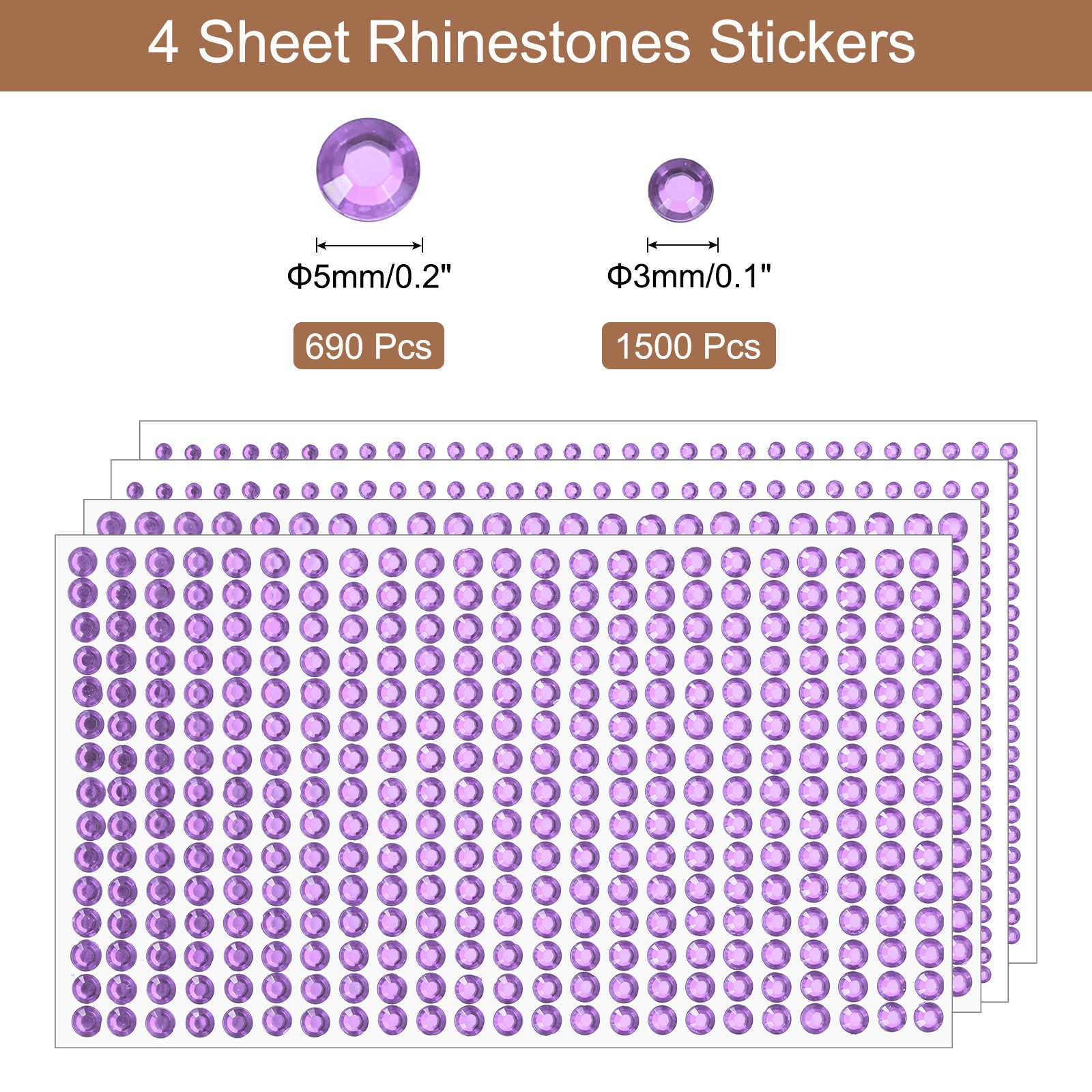 2190Pcs 3mm/5mm Self-Adhesive Rhinestone Stickers 4 Sheet Light Purple