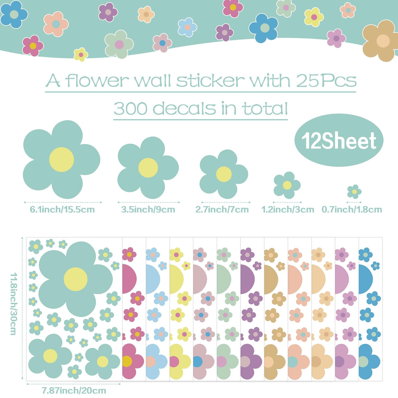 12 Sheets Flower Wall Decals Cute Colorful Vinyl Stickers for Girls Kids Room De