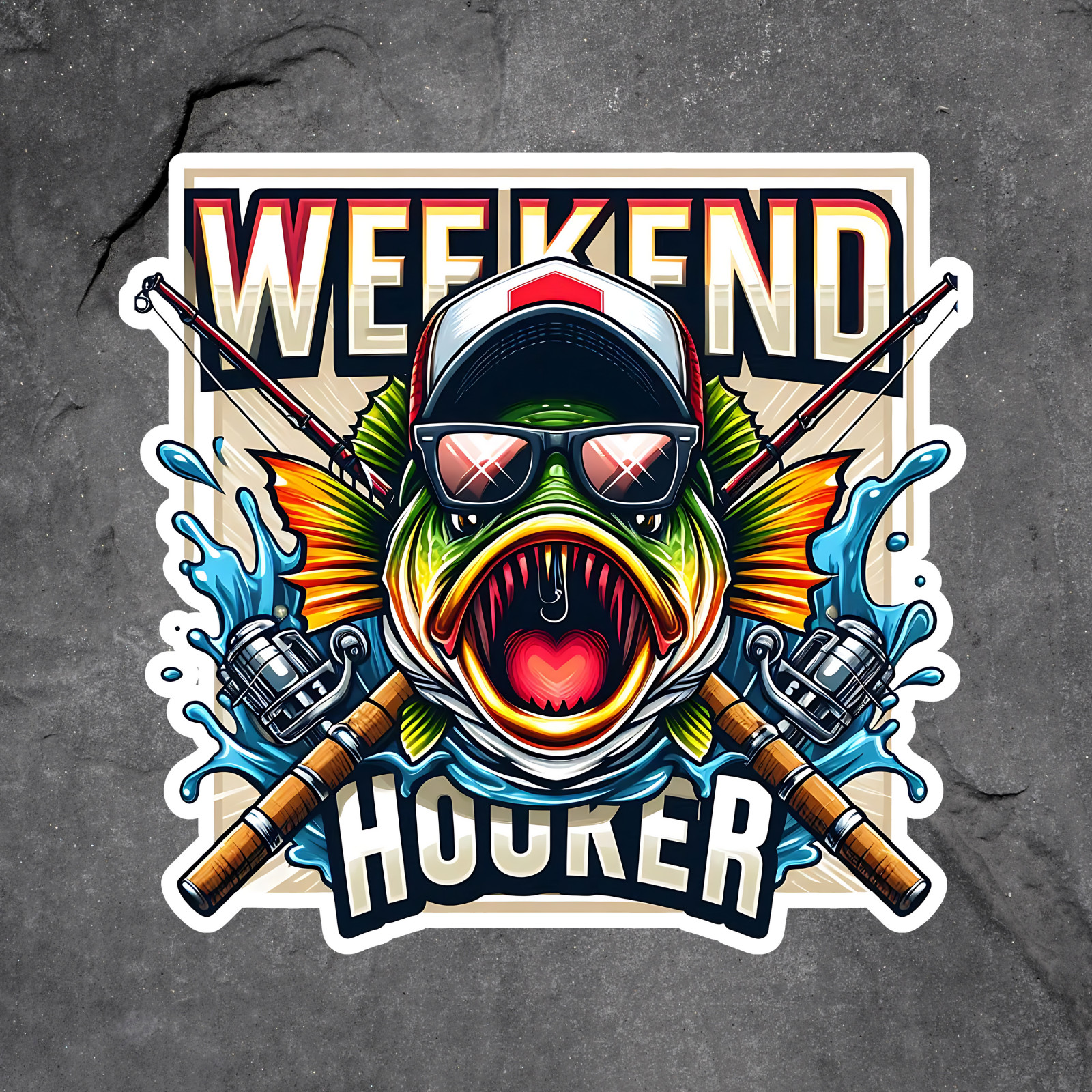Bass fishing sticker vinyl decal weekend hooker fish rods sunglasses design