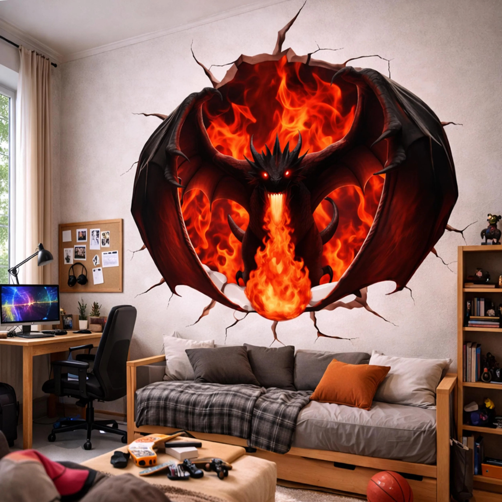 3D Red Fire Dragon Wall Decal | Cracking Wall Fantasy Mural