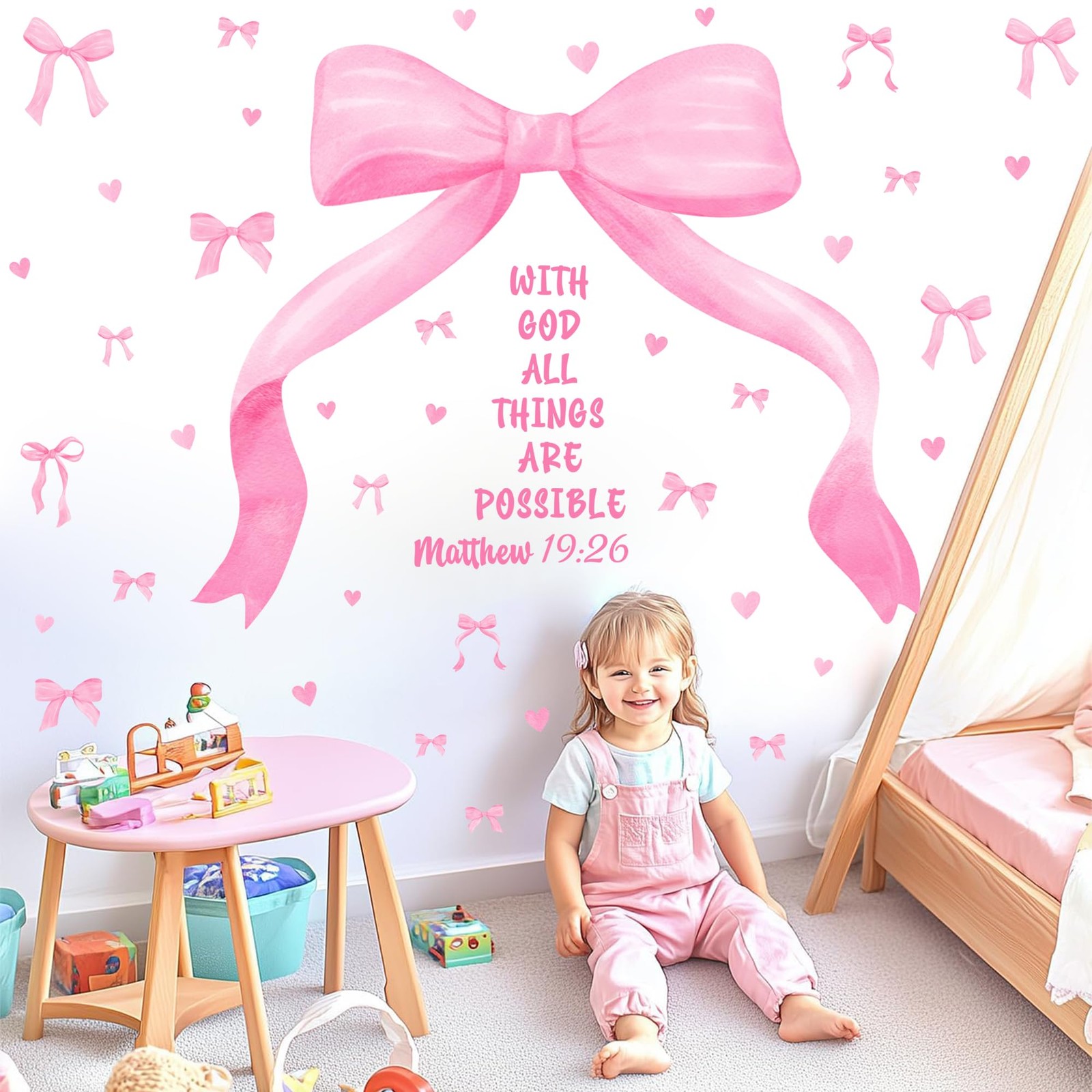 Large Watercolor Girls Room Wall Decals Pink Bow Wall Stickers Peel and Stick…