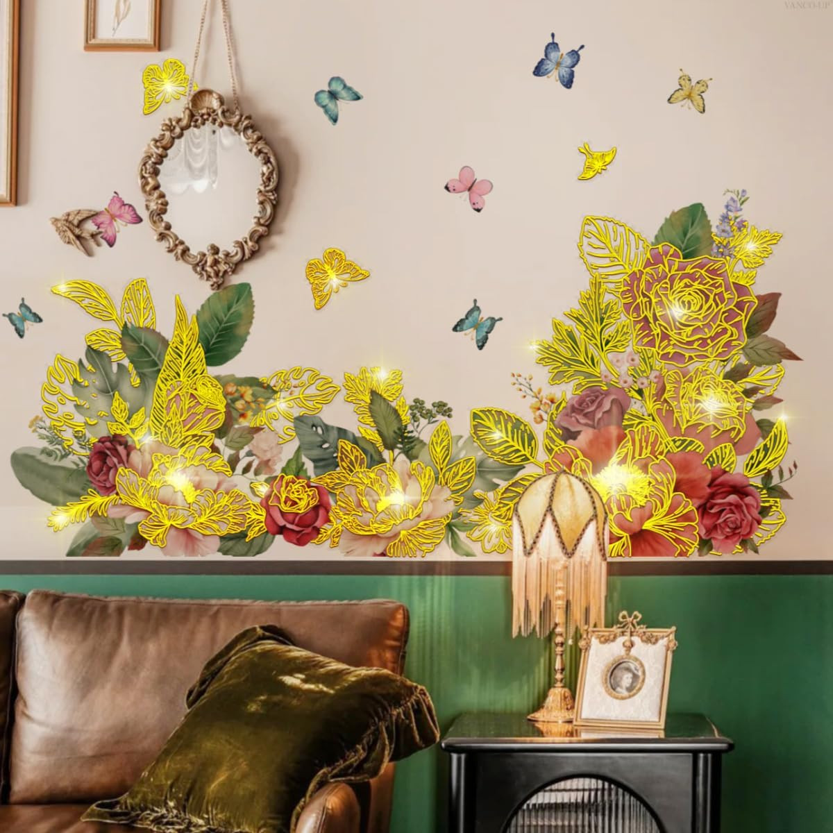 Gold Flower Butterfly Wall Decals Garden Floral Leaves Wall Stickers for Livi…