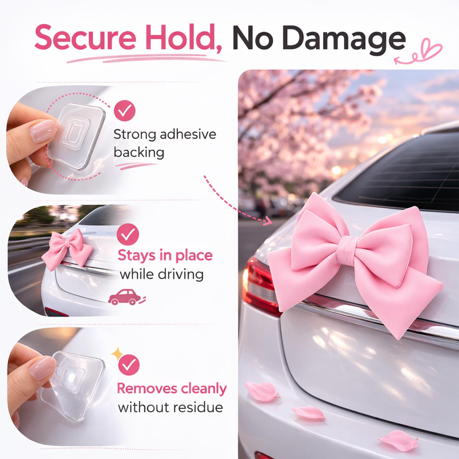 5PCS Pink Bow Car Accessories Set for Women, Cute Adhesive Pink Bow for Exter…