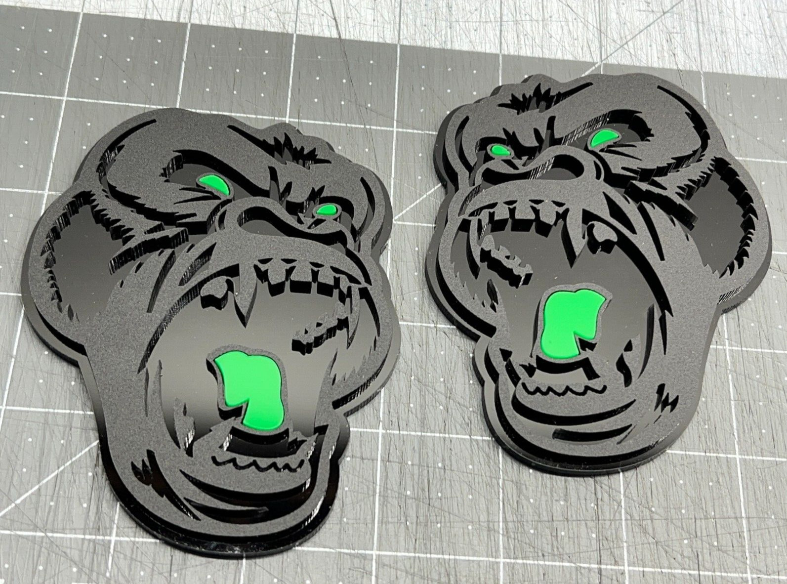 Angry Gorilla Green Eye Car Truck Emblem Badge Matte Black /Black Custom PK of 2