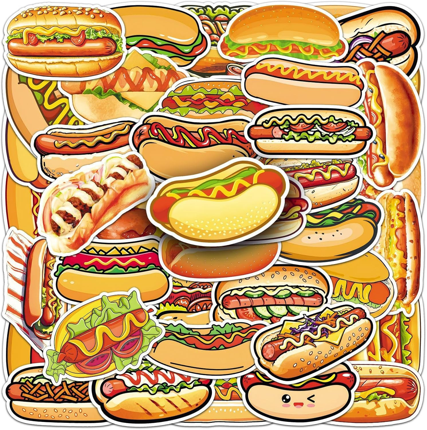 50 Pcs Hot Dog Stickers – Waterproof Vinyl Decals for Laptops, Phones, and More