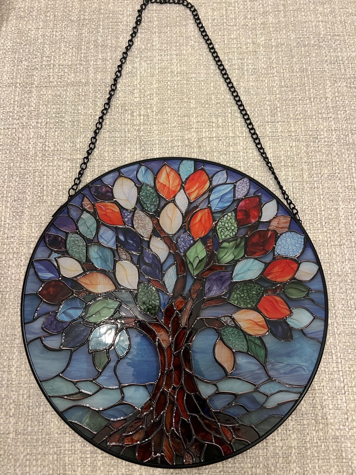 10 in. Stained Glass Sun Catcher, Blue Tree of Life Window Hanging