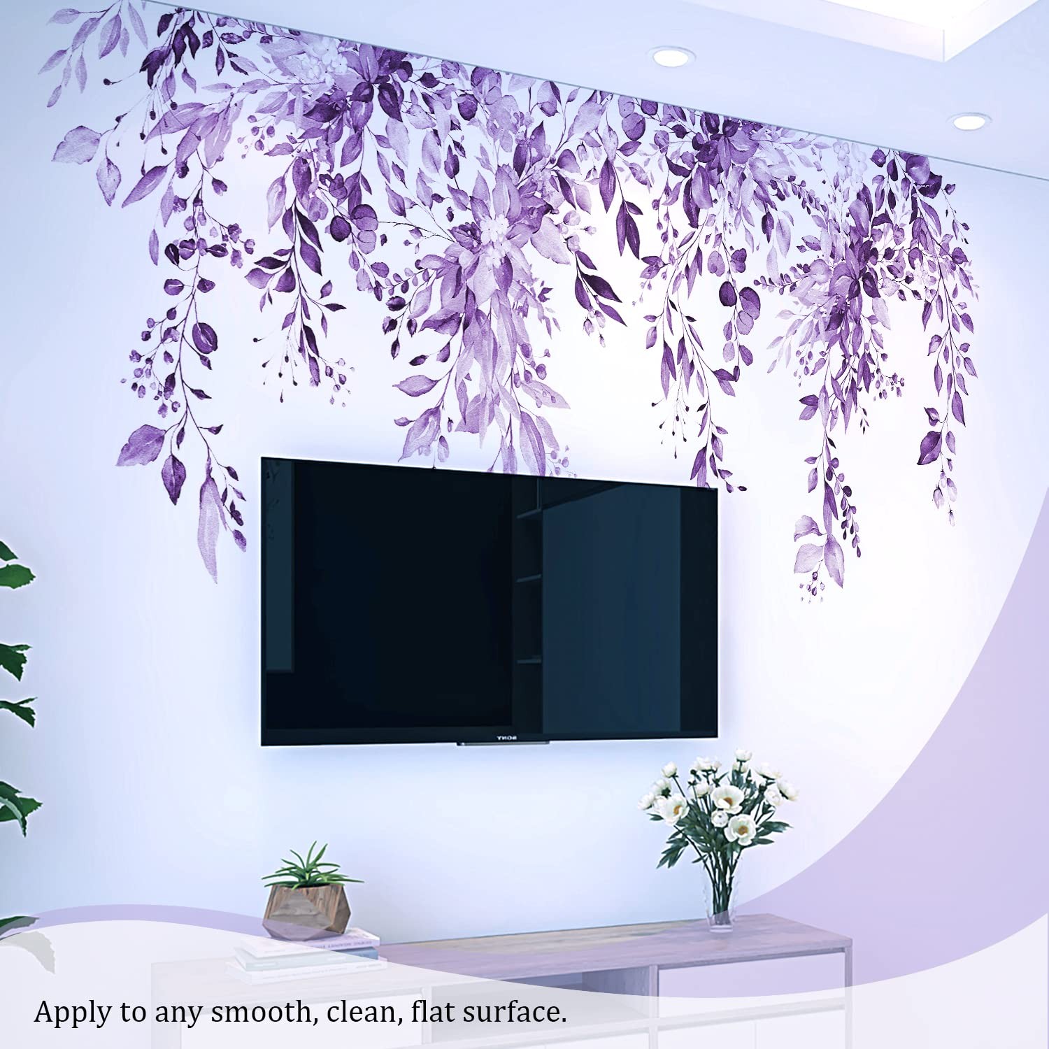 Purple Plants Leaves Wall Decals Peel and Stick, Large Floral Flowers Wall St…