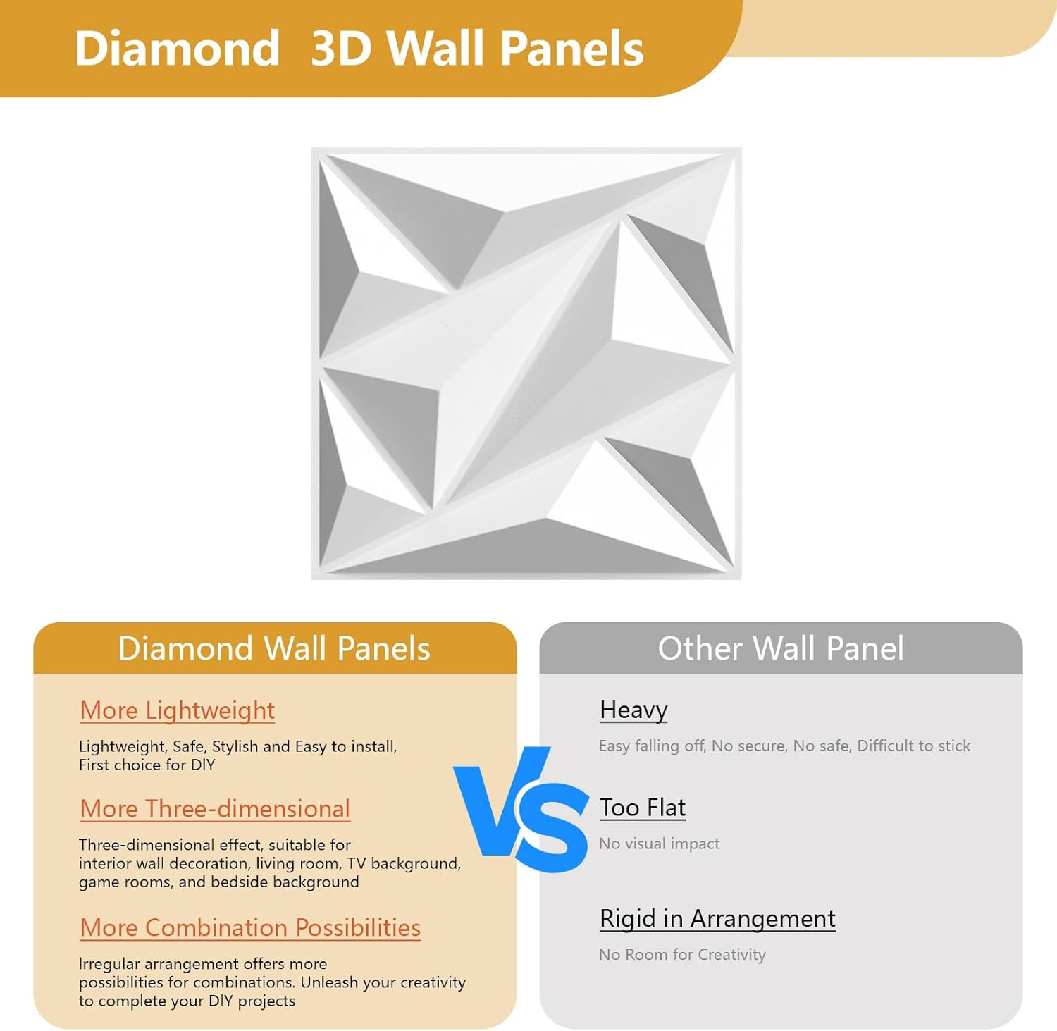 Diamond 3D Wall Panels – Waterproof PVC Decor for Living Room & Office, 12 Pack