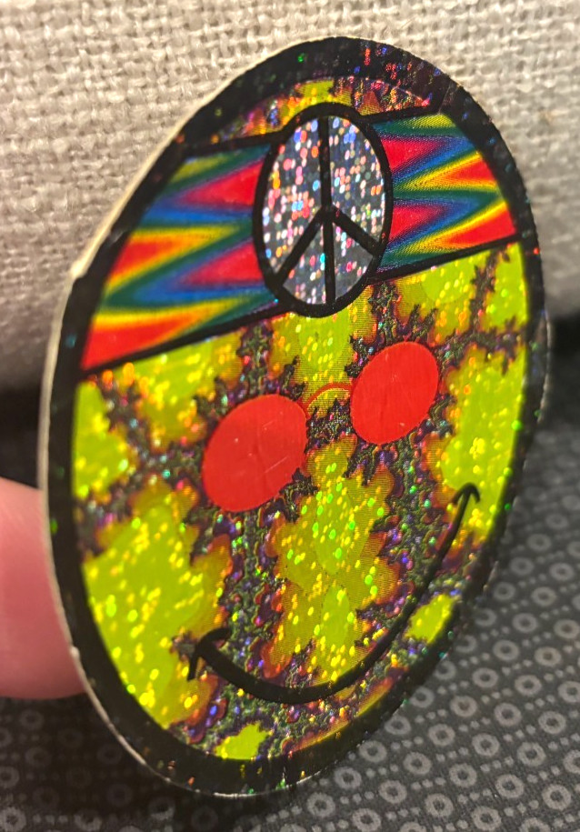 VTG! Smiley Face Hippie W/ Peace Sign Headband Sticker ~Yellow Prism Glitter 3"