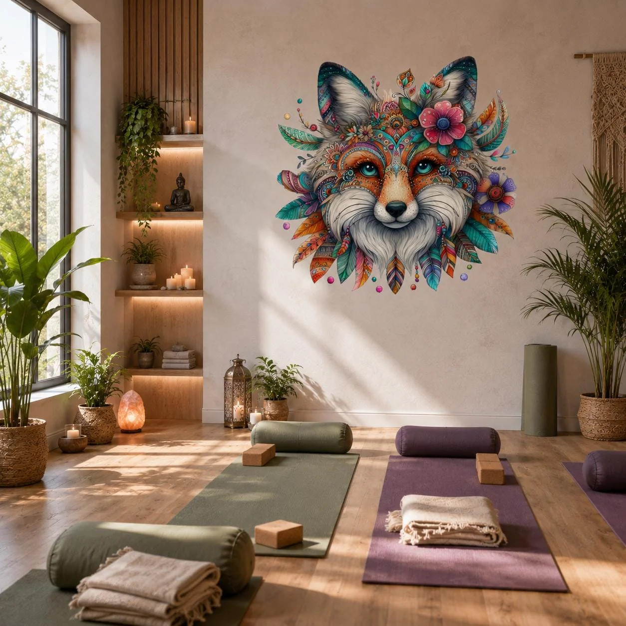 Boho Fox Wall Vinyl Decal | Colorful Mandala Animal Face Sticker