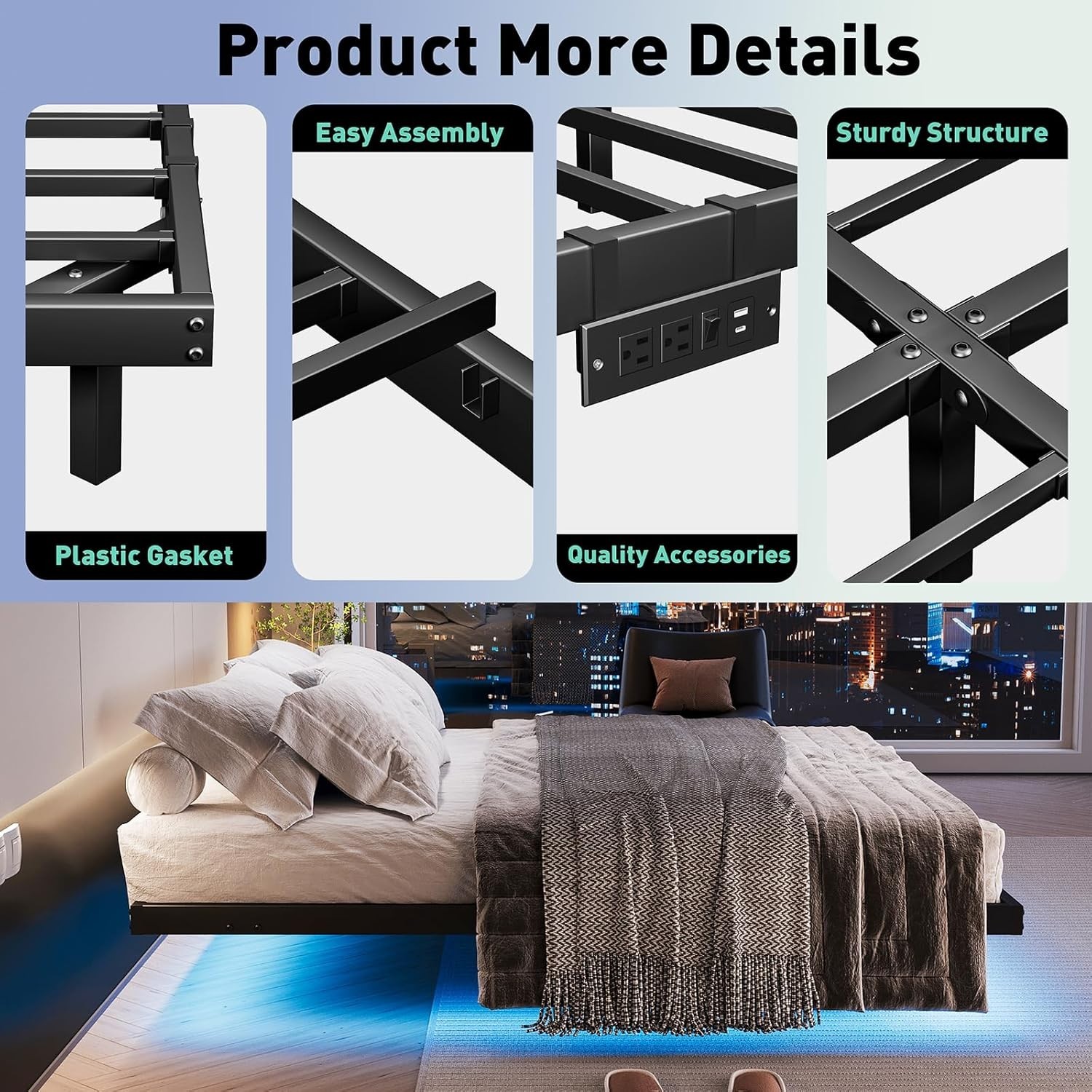 Floating Bed Frame Queen 14 Inch with LED Lights Charging Station Easy Assembly