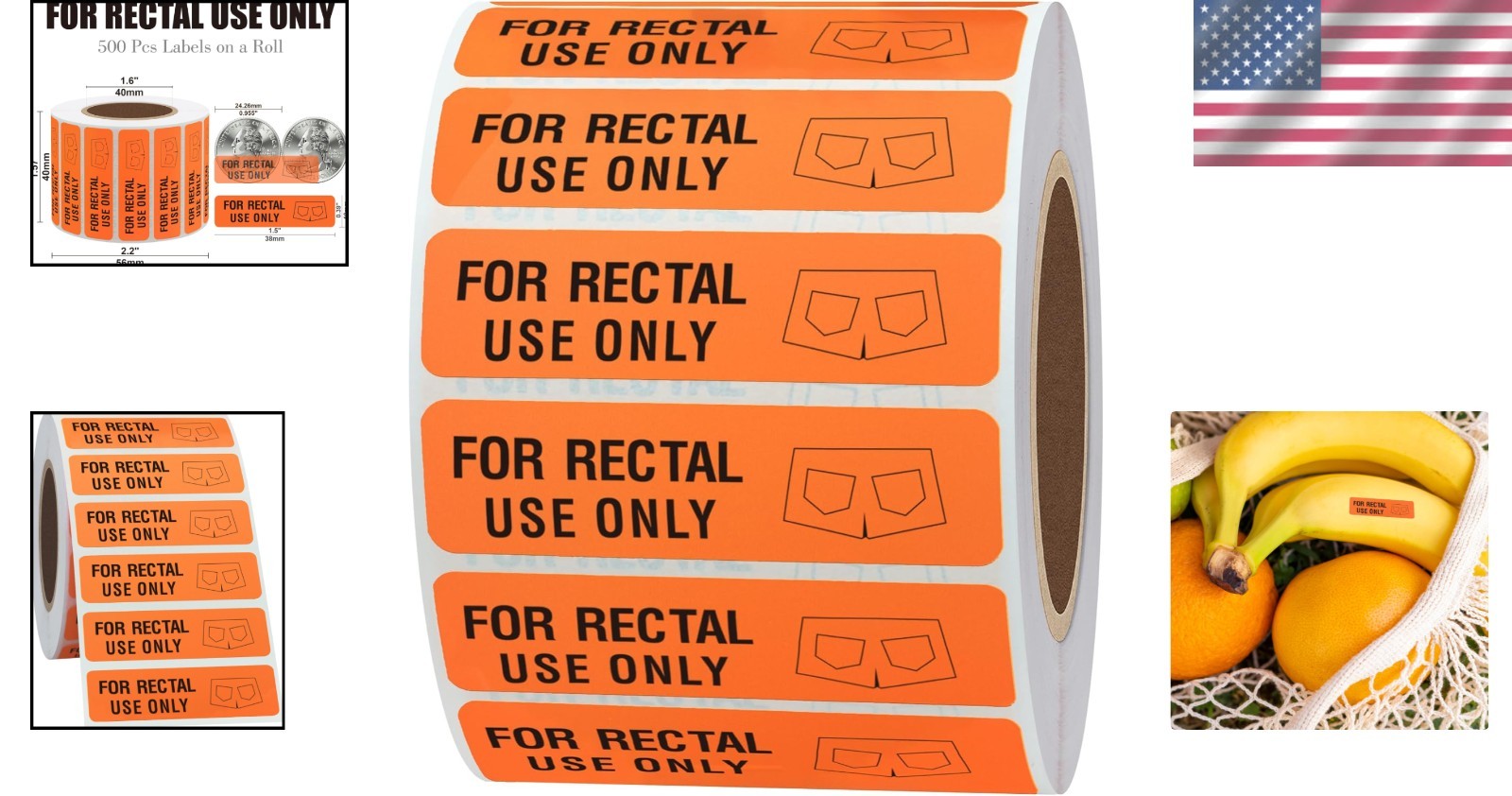 Fluorescent Red Rectal Use Only Stickers 1.5 Inch by 0.375 Inch 500 Labels Roll