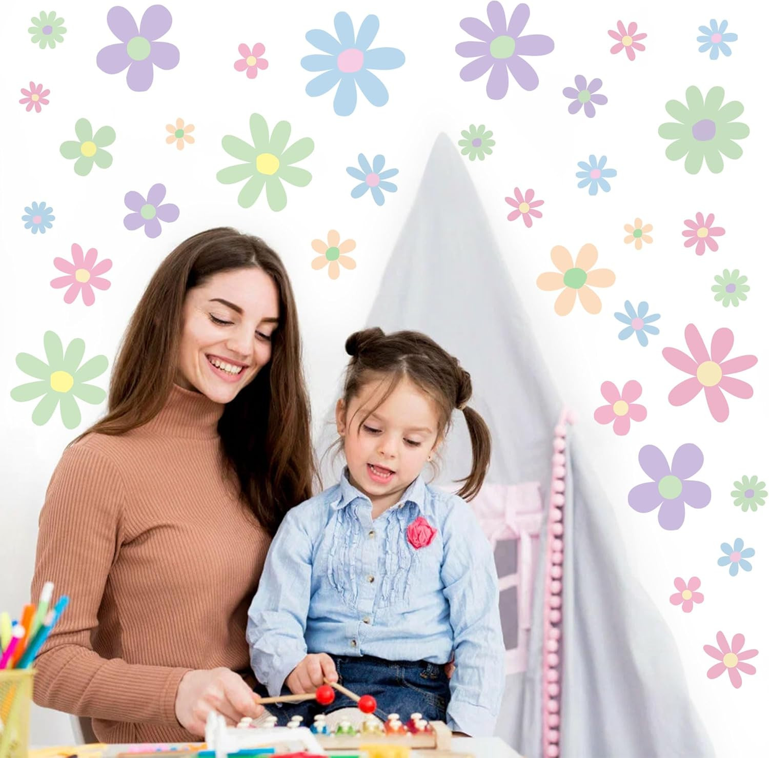 12 Sheets Daisy Wall Decals Boho Flower Stickers Cute Kids Girls Red