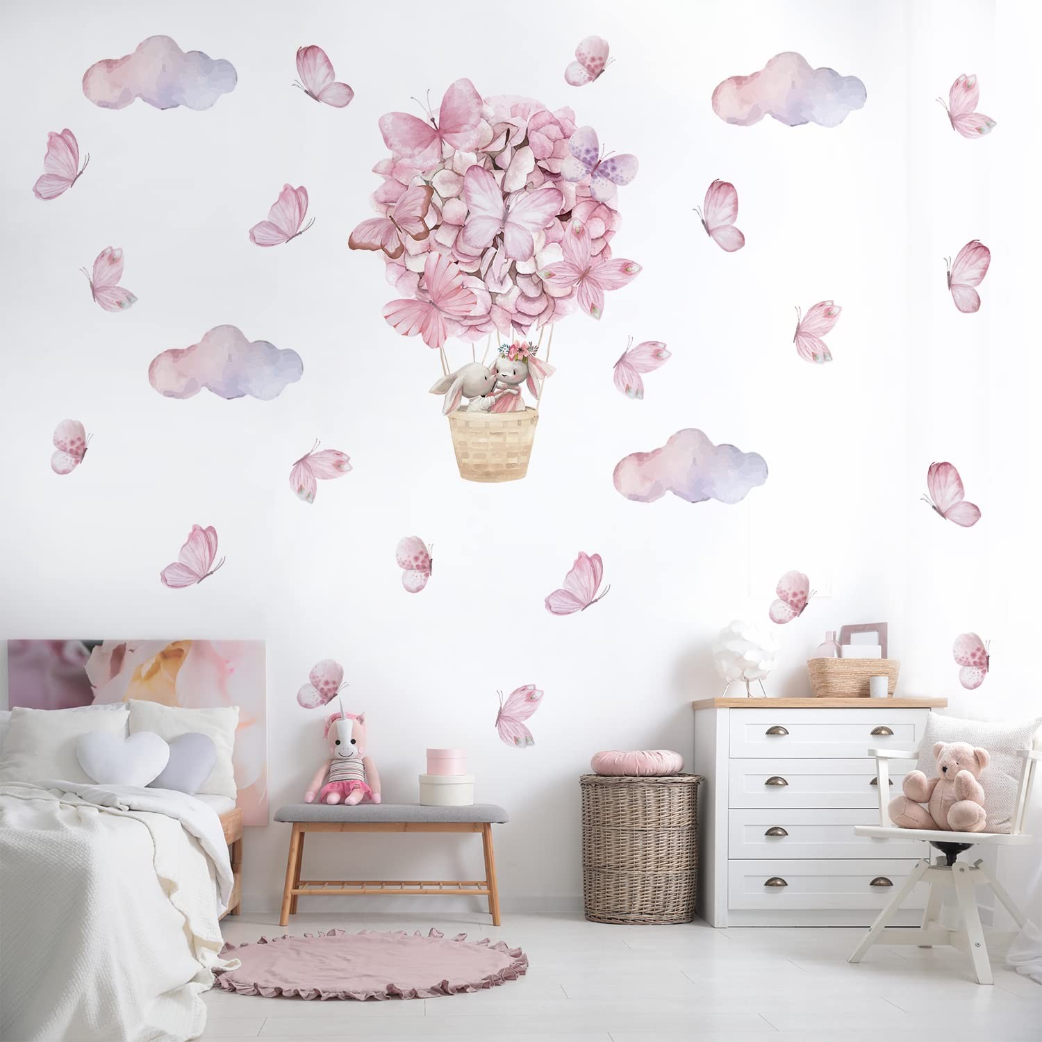 Pink Butterfly Cloud Bunny Hot Balloon Wall Decals, Removable Vinyl DIY Peel …