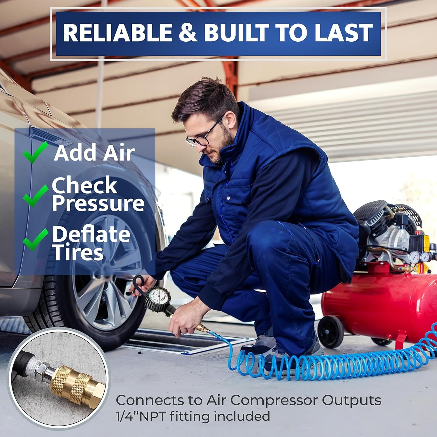 Tire Inflator with Pressure Gauge and Longer Hose – Most Accurate, Heavy Duty Ai