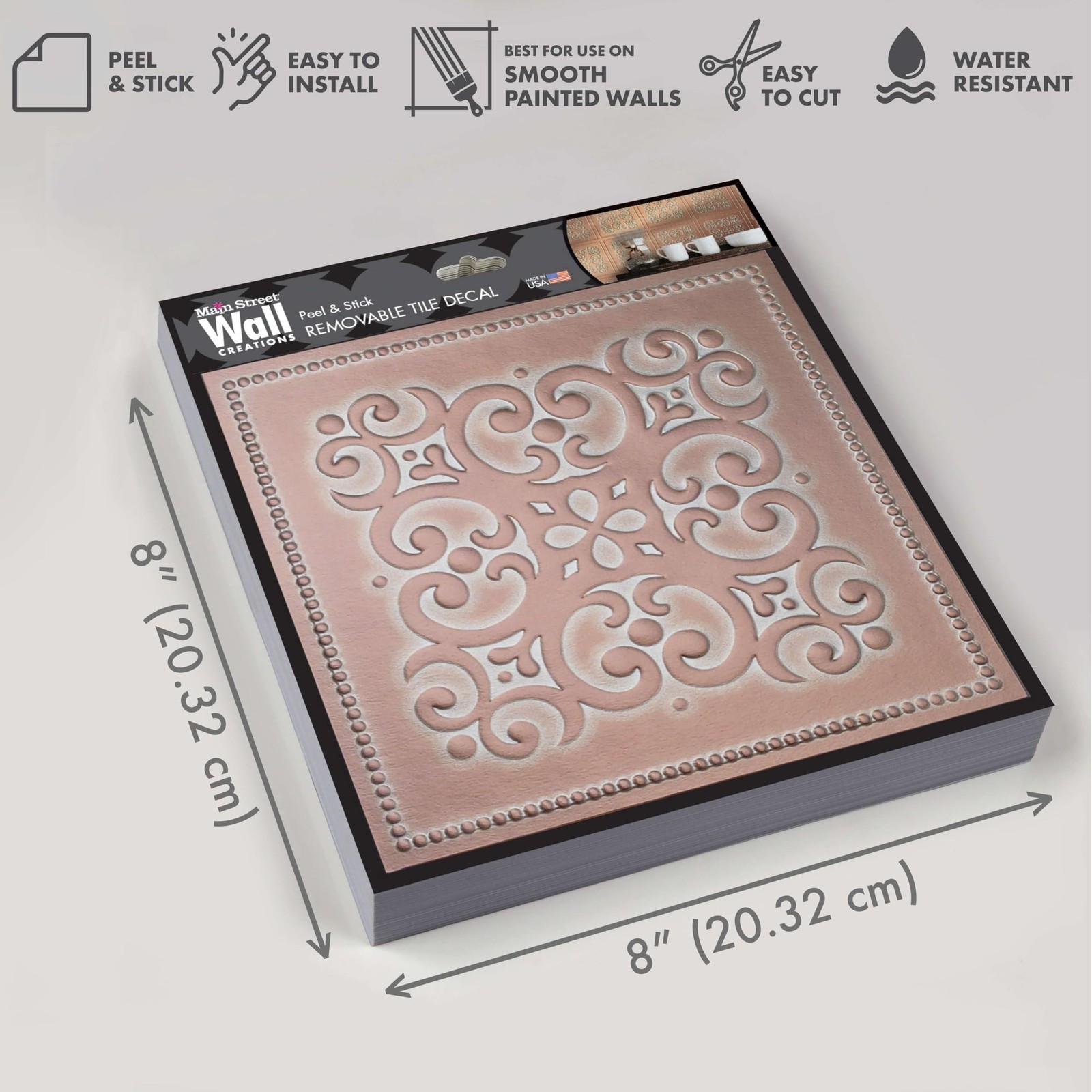 Main Street 24-Pack of 8 x 8" Wallpaper Tiles Peel and Stick in Metalic Patin…