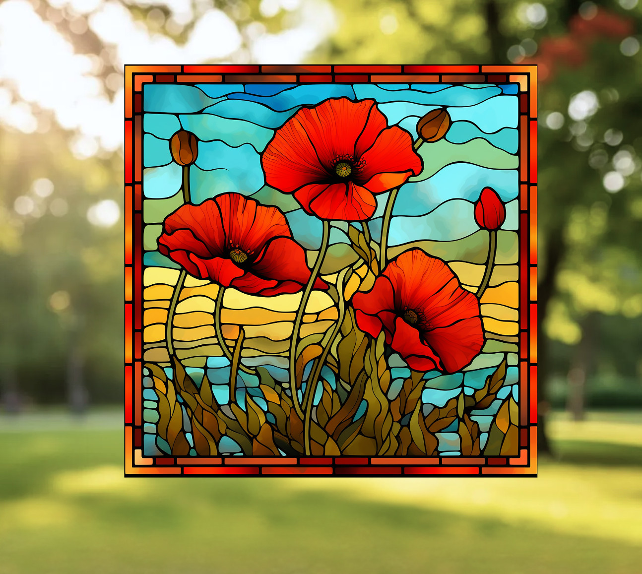 Poppy Faux Stained-Glass WINDOW CLING Size 10.6" Arch Shape ~ Vinyl