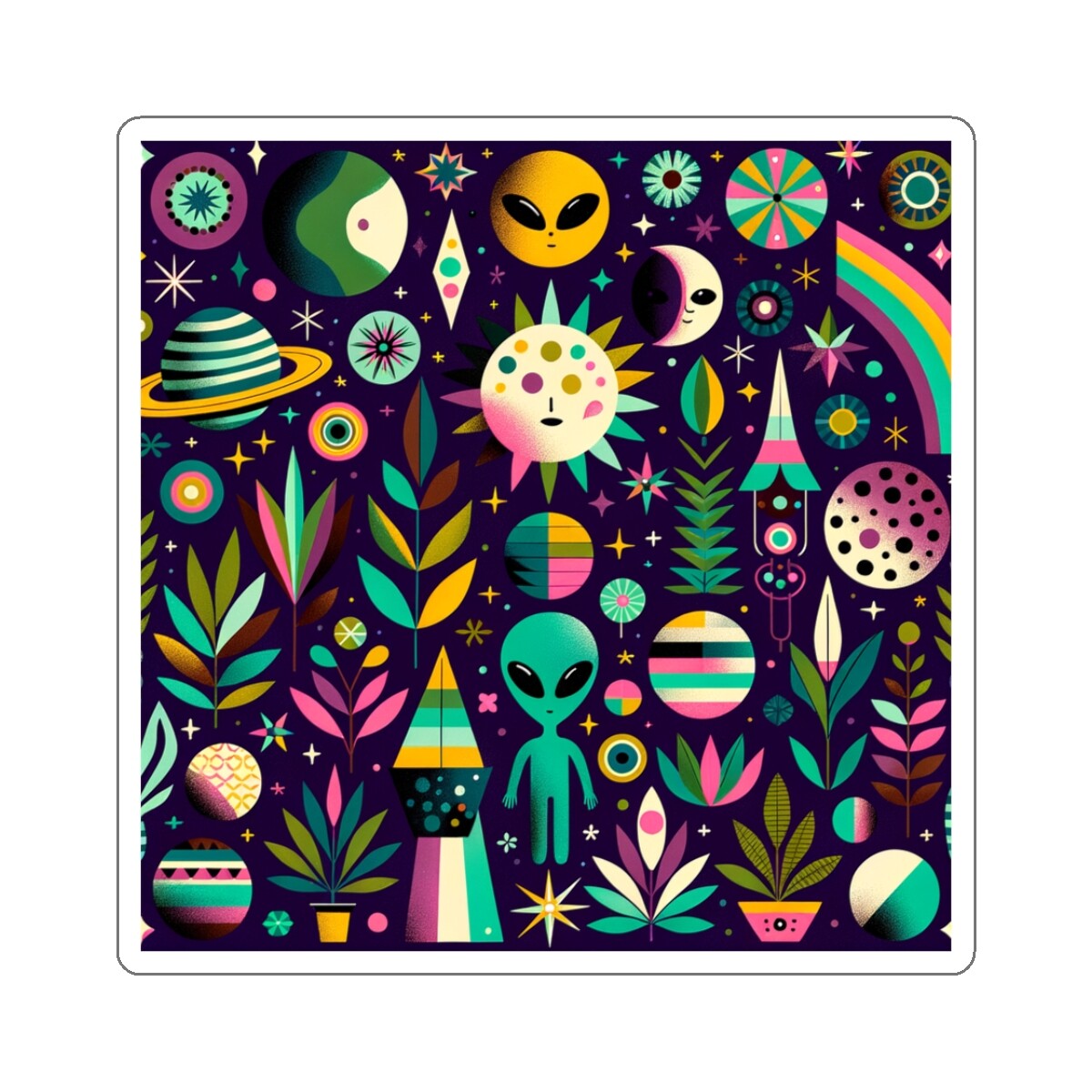 Sticker Cosmic Alien Garden Whimsical Pattern Artwork Hipster 2×2" 3×3" 4×4" 6×6