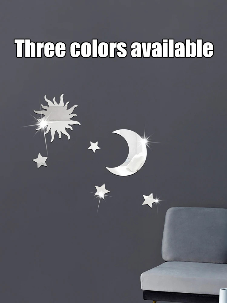 Star Moon Combination Mirror Stickers 6PCS Acrylic Stereo Self Adhesive Wall Art