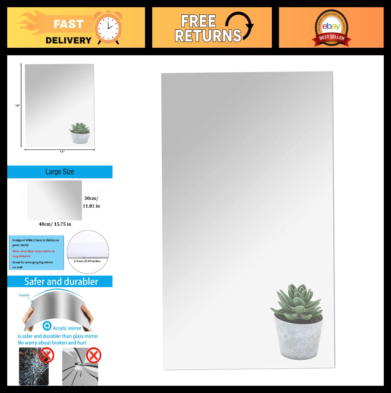 16"x12" Acrylic Mirror Sheet – Flexible Self-Adhesive Wall Decor, Non-Glass Tile