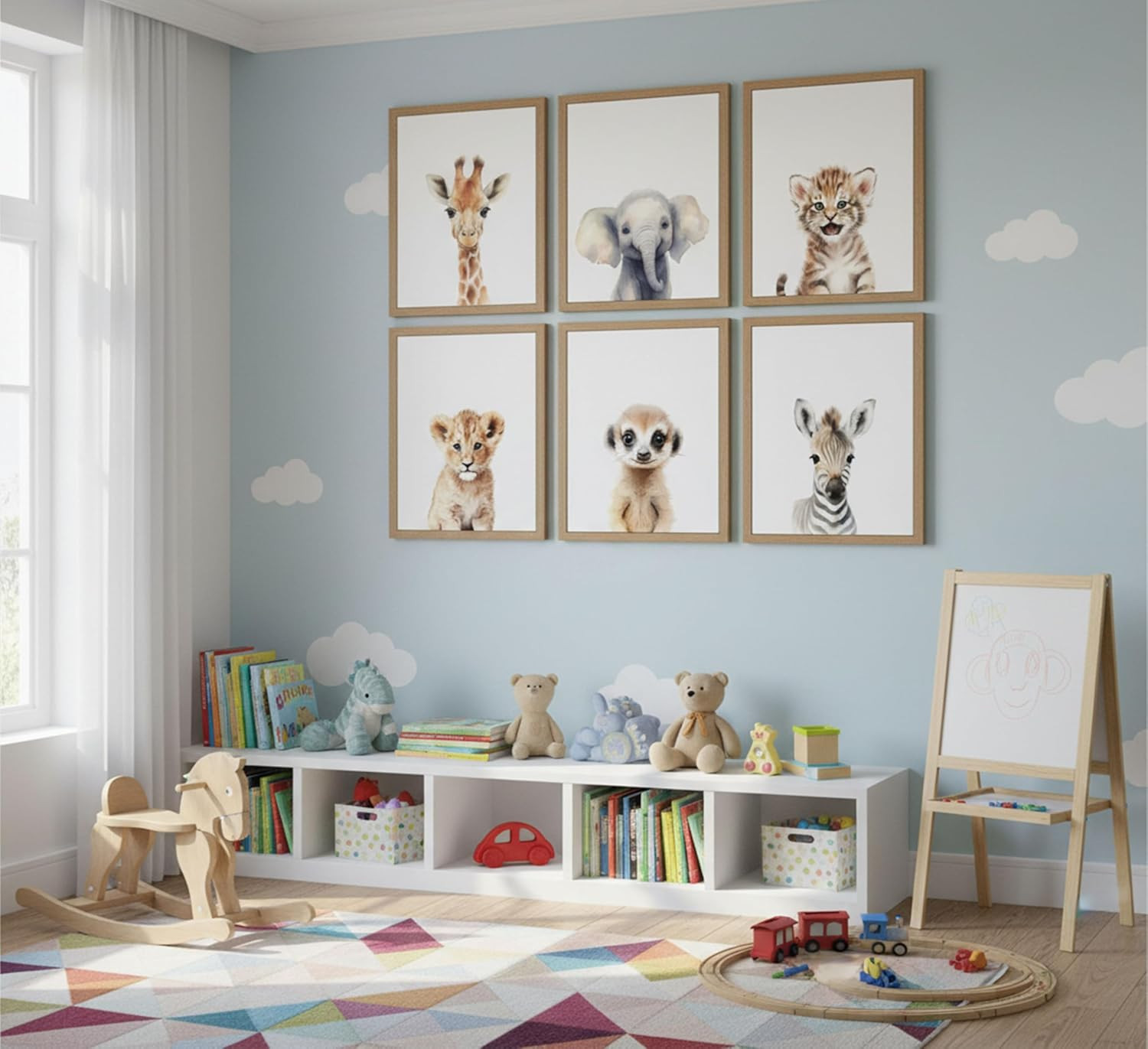 6Pcs Safari Animal Nursery Canvas Wall Art Cute Elephant Giraffe Leopard Zebra D
