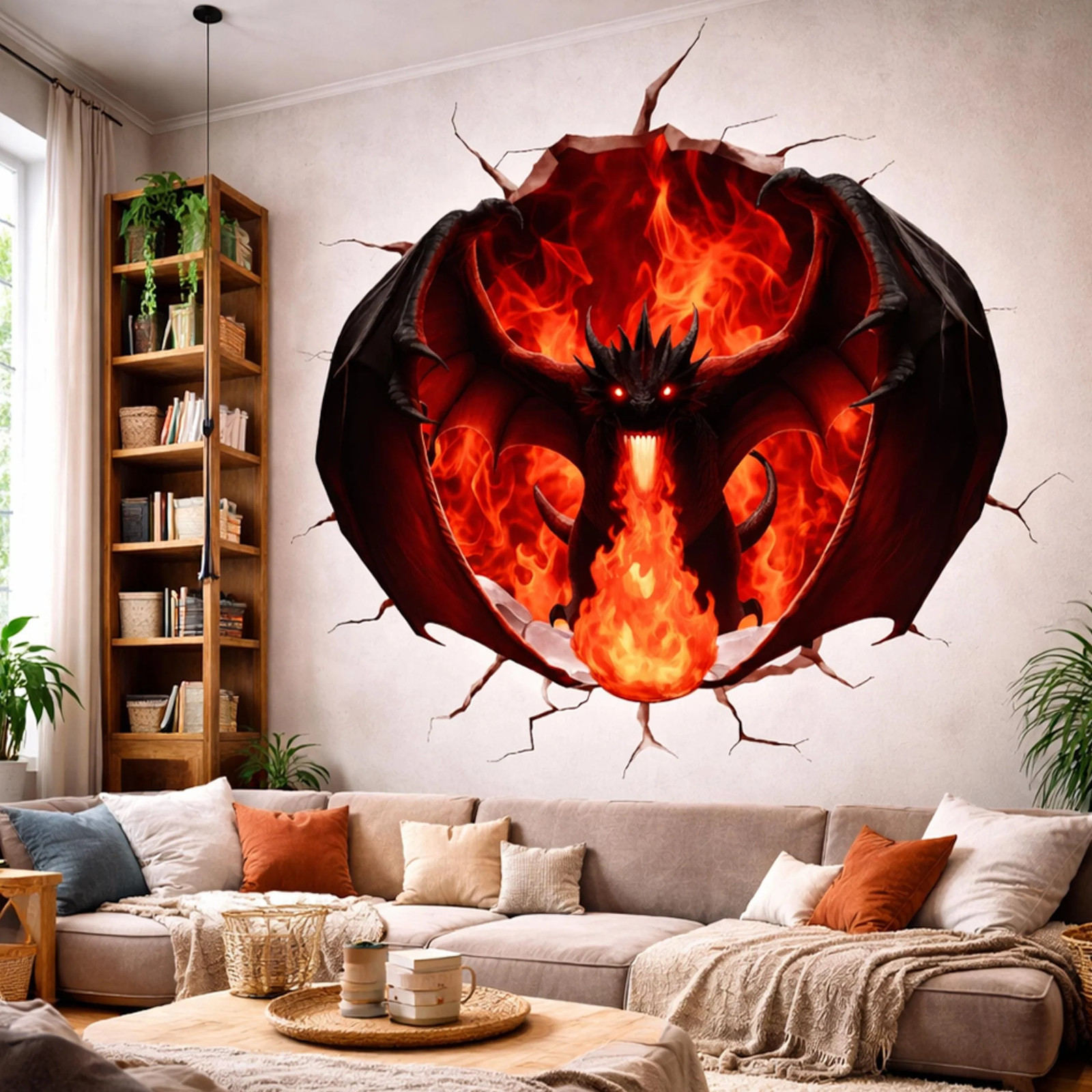 3D Red Fire Dragon Wall Decal | Cracking Wall Fantasy Mural
