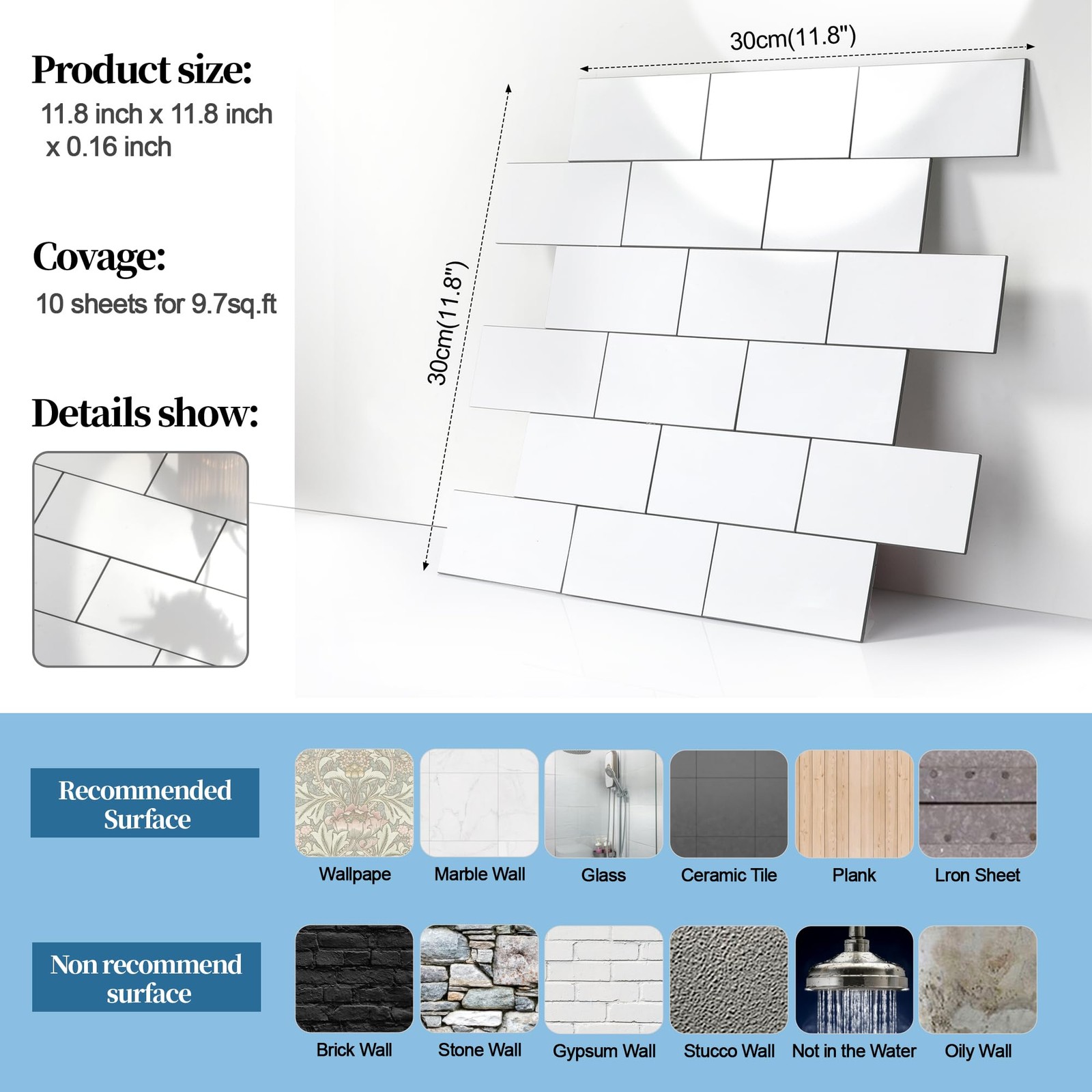 -Pack Peel and Stick Tile Backsplash 12"X12" PVC Wall 20 Polished Marble White