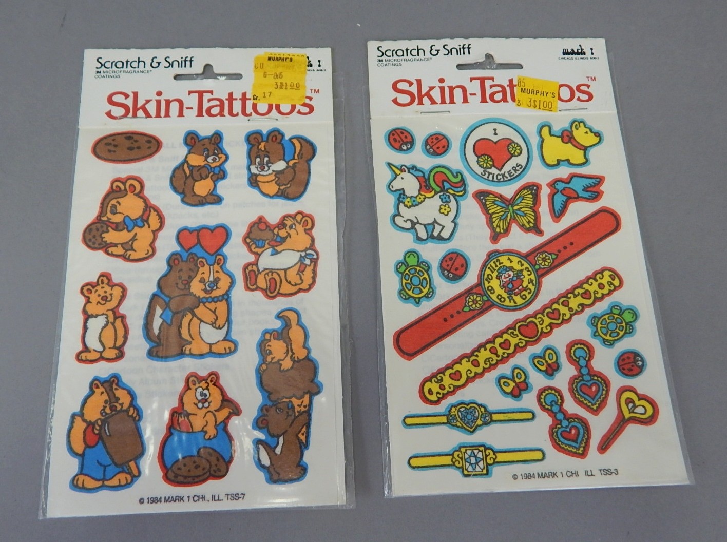 8 Packs NEW 1984 Vintage Mark Morgan Skin Tattoos Scratch Sniff Stickers animals
