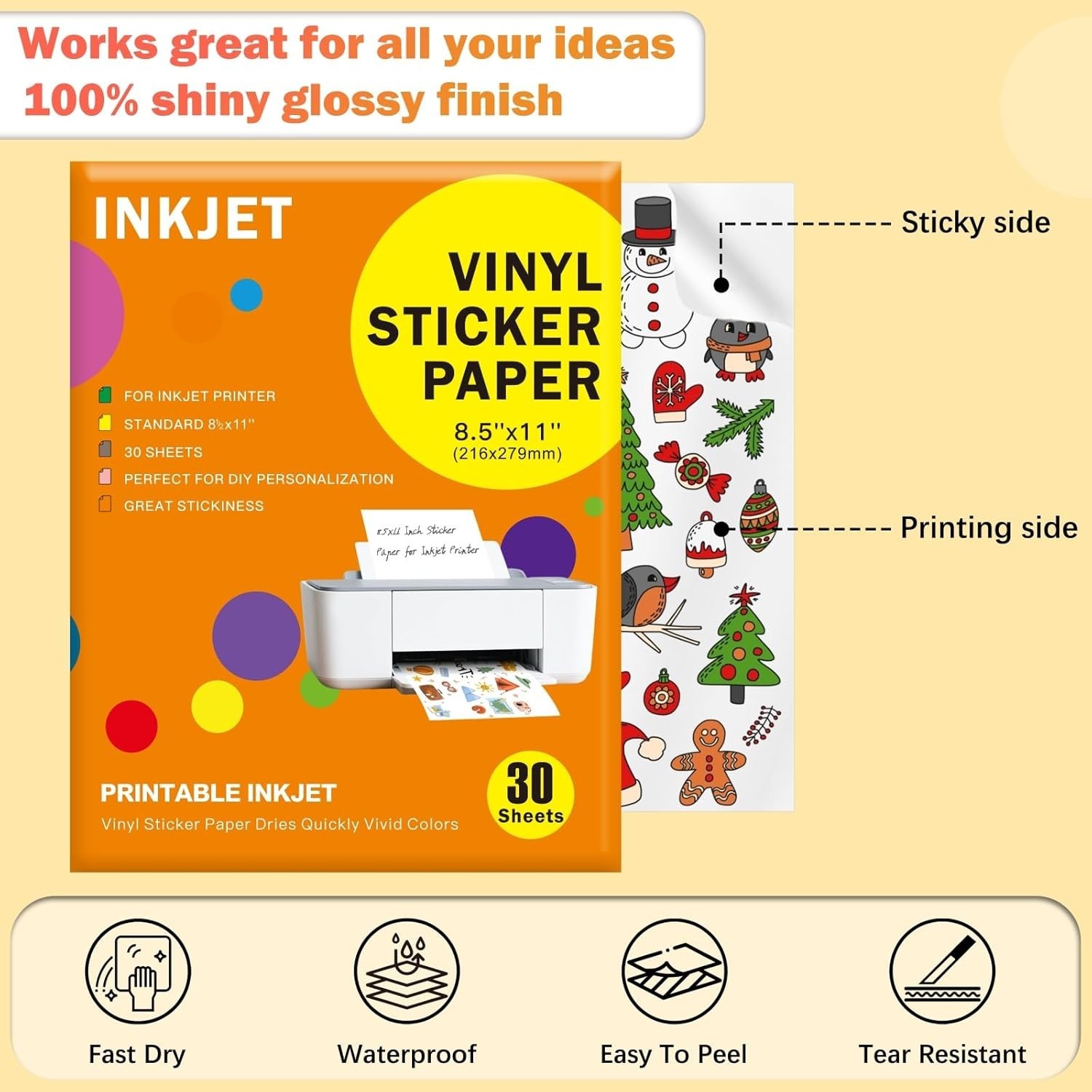 30 Sheets Printable Vinyl Sticker, Vinyl Glossy White Waterproof Sticker,Sui…