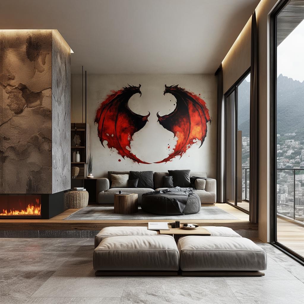 Dragon Wing Wall Sticker | Fiery Red and Black Fantasy Decal Decor | Wall Art