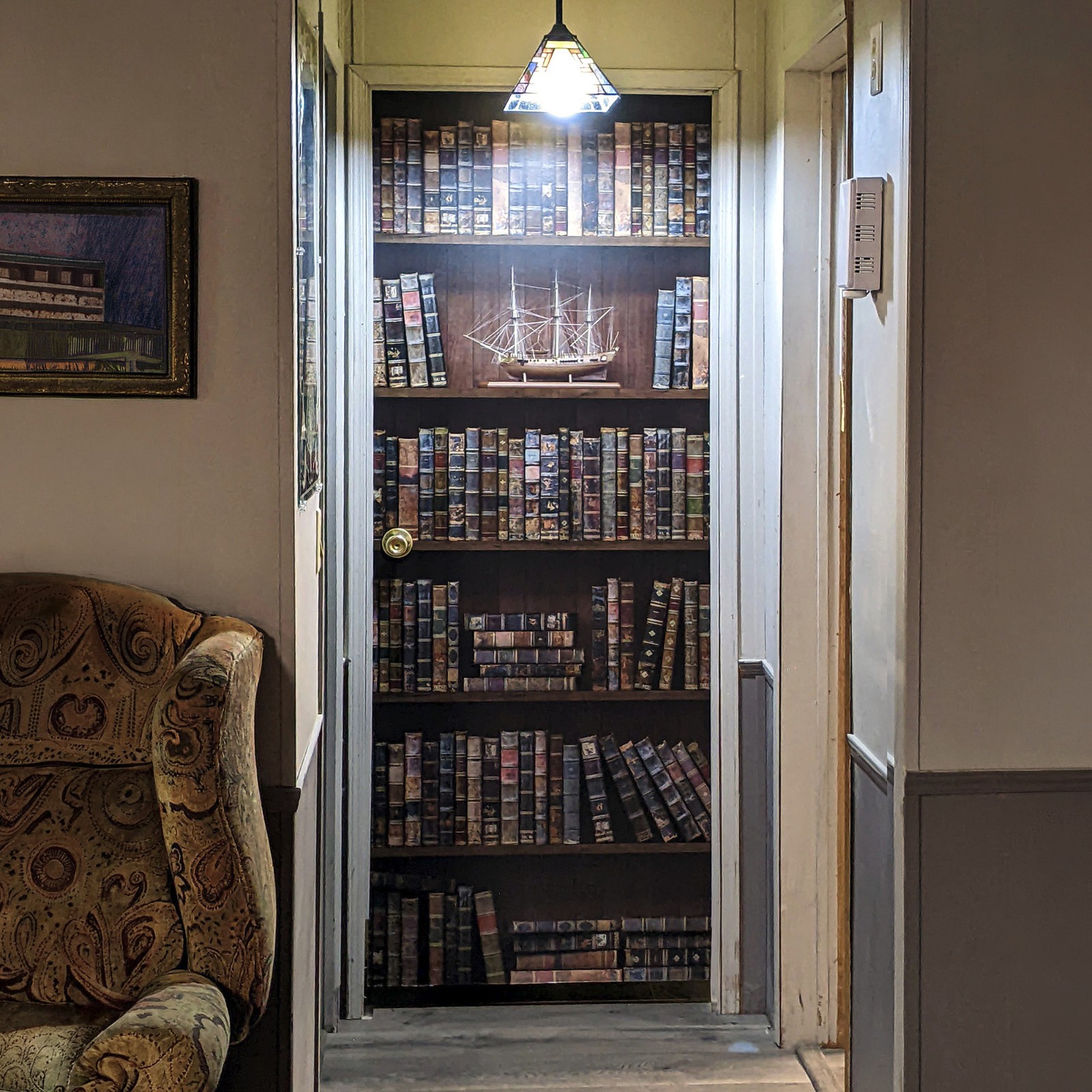 Dementia Friendly Door Mural – Fake Bookshelf | Antique Books | Renter-Friendly