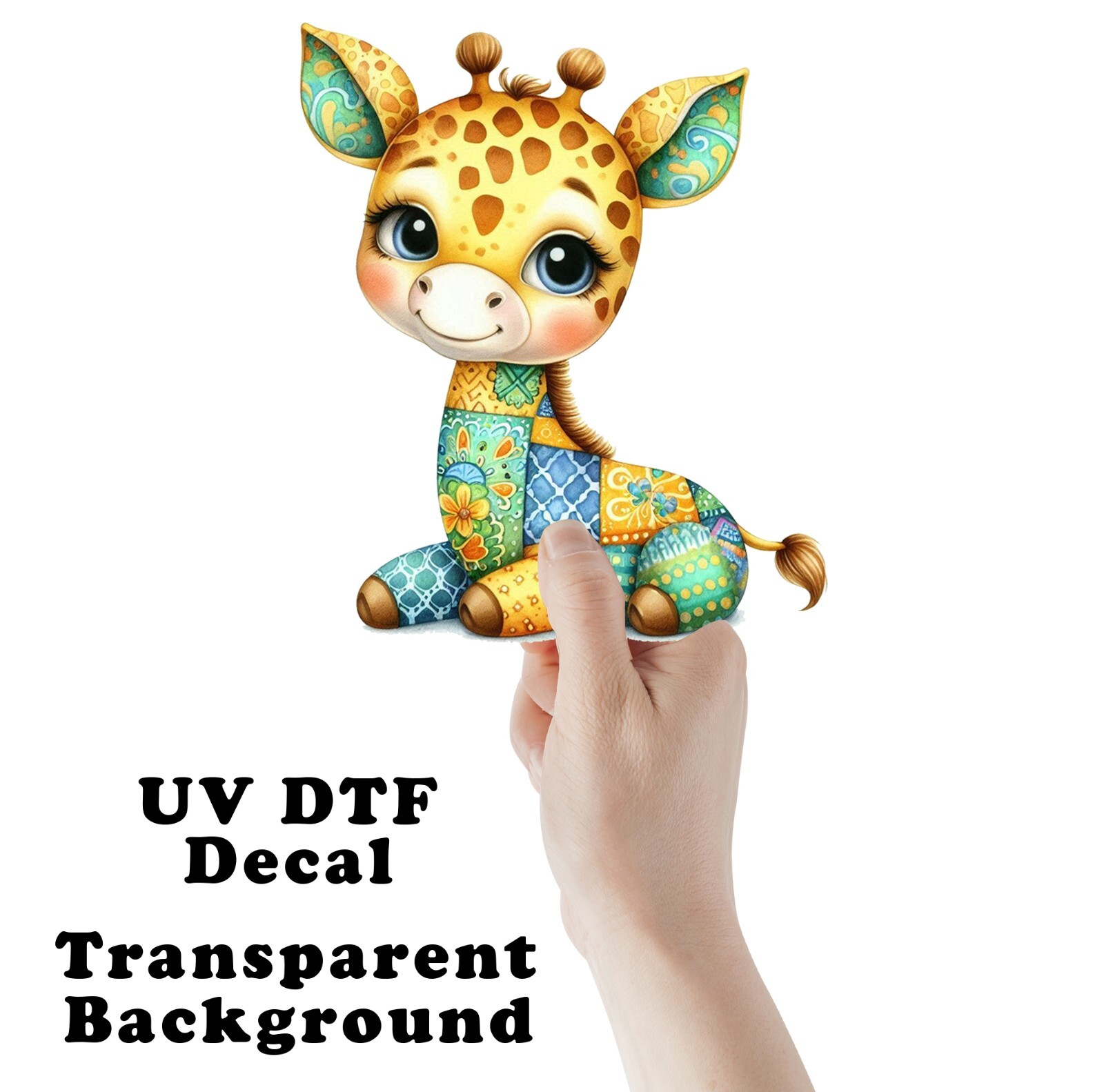 Green and Blue Patchwork Giraffe UV DTF Transparent Sticker / Decal