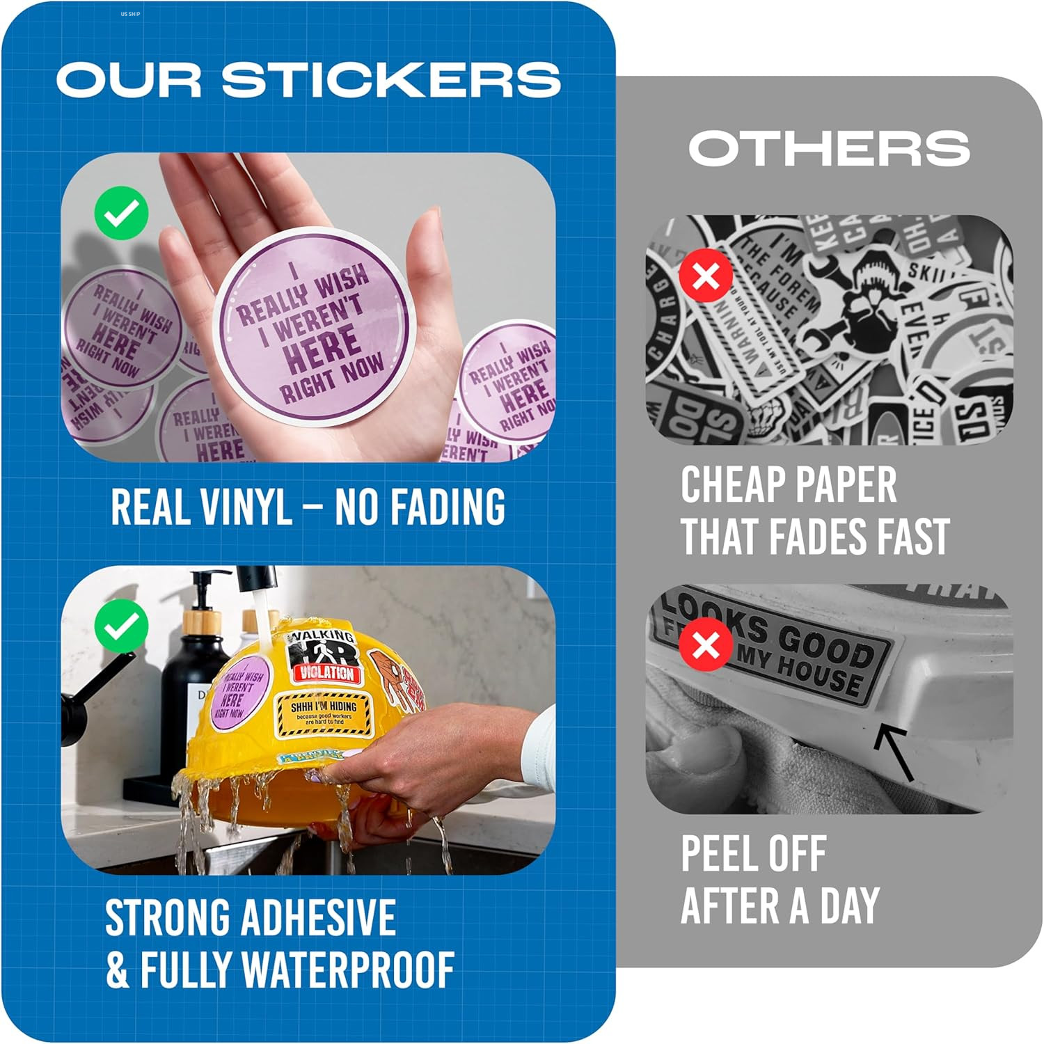 200 PCS Funny Hard Hat Stickers Waterproof Blue Collar Decals Pack Laptop Helmet