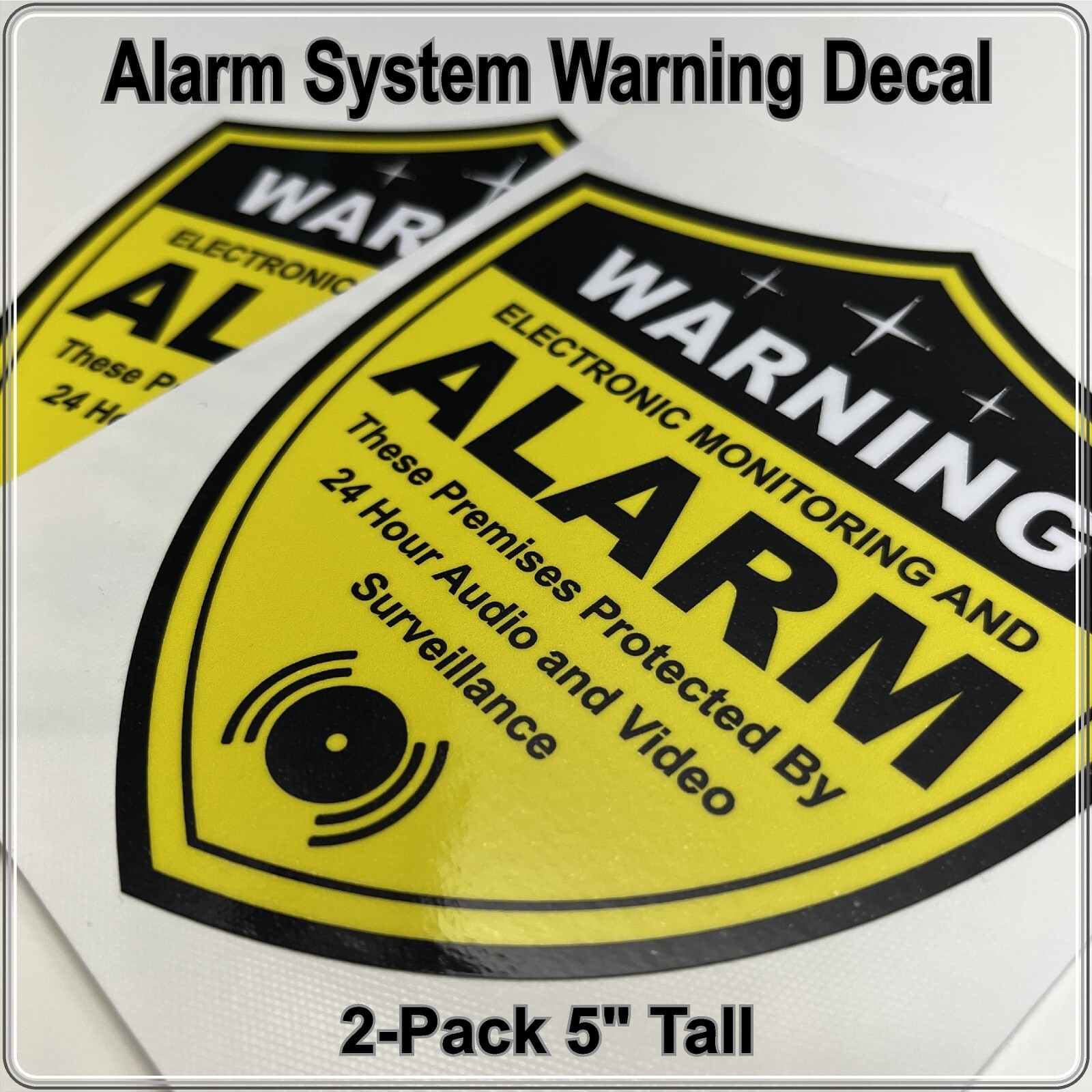 2-Pack Alarm System Warning Decals 5" Shield Shape Black and Yellow for Windows