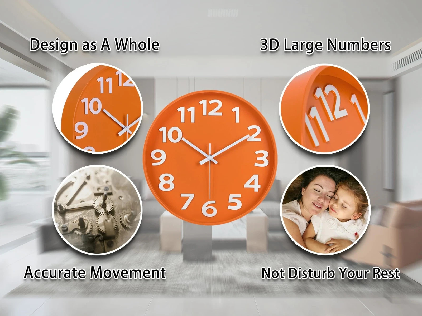 12-Inch Modern Wall Clock Minimalist Orange Design Silent Non-Ticking Large N…