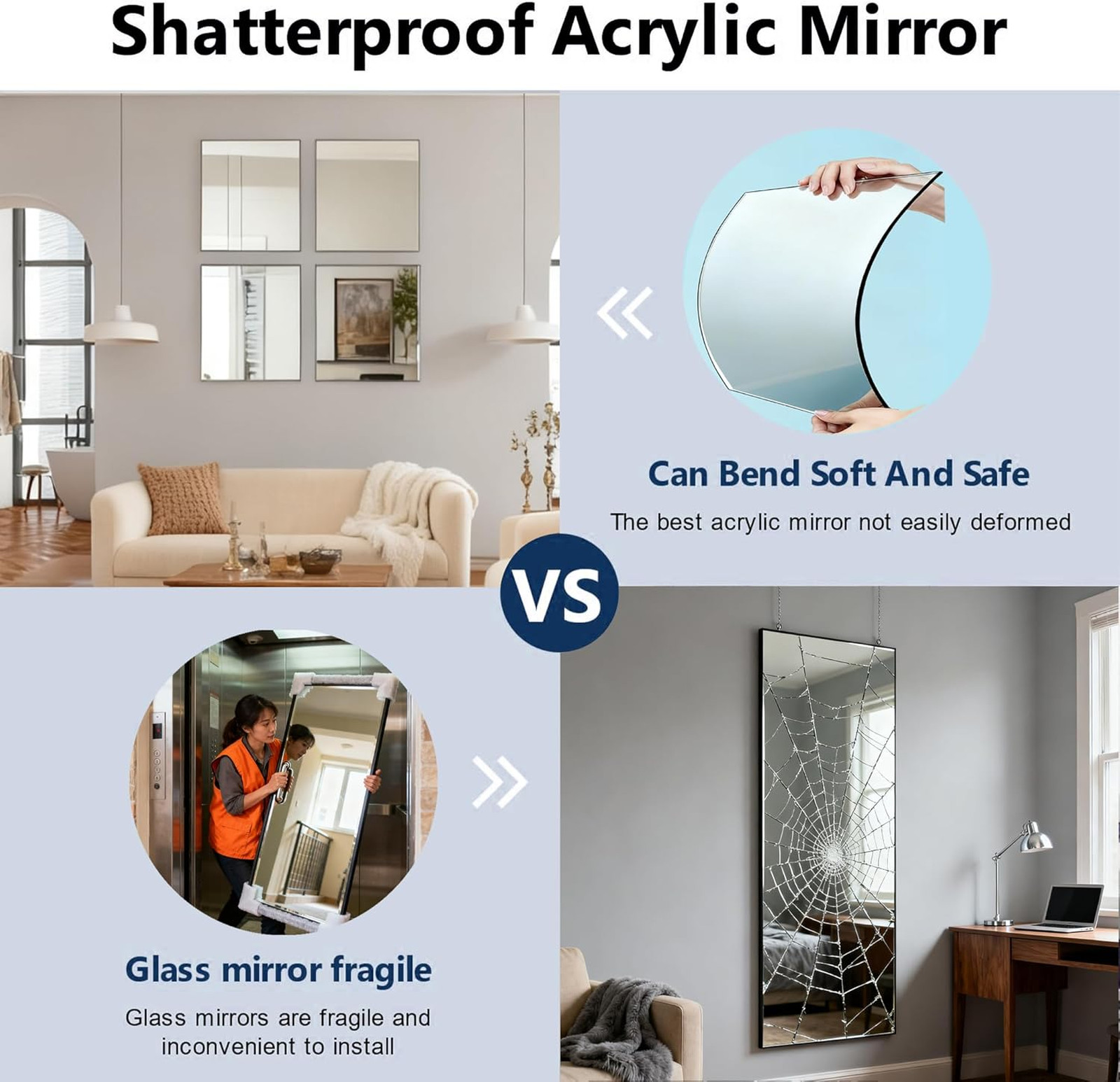 Acrylic Wall Mirrors 8×8 Inch Self Adhesive Square Tiles for Bedroom Home Gym