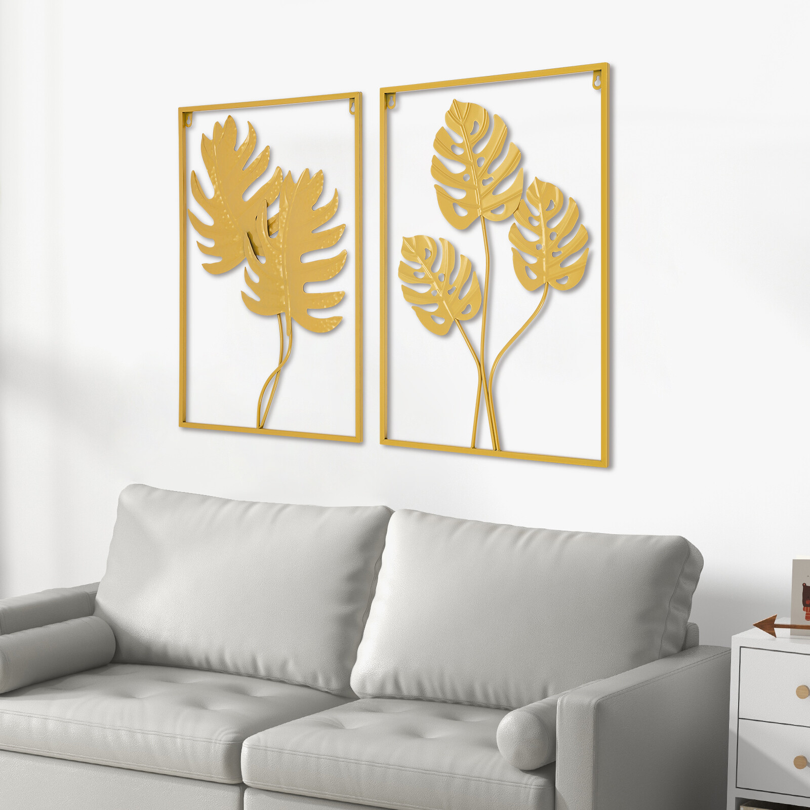 2PCS Wall Decorations Gold Iron Leaf Wall Hanging Home Decor with Frame Golden