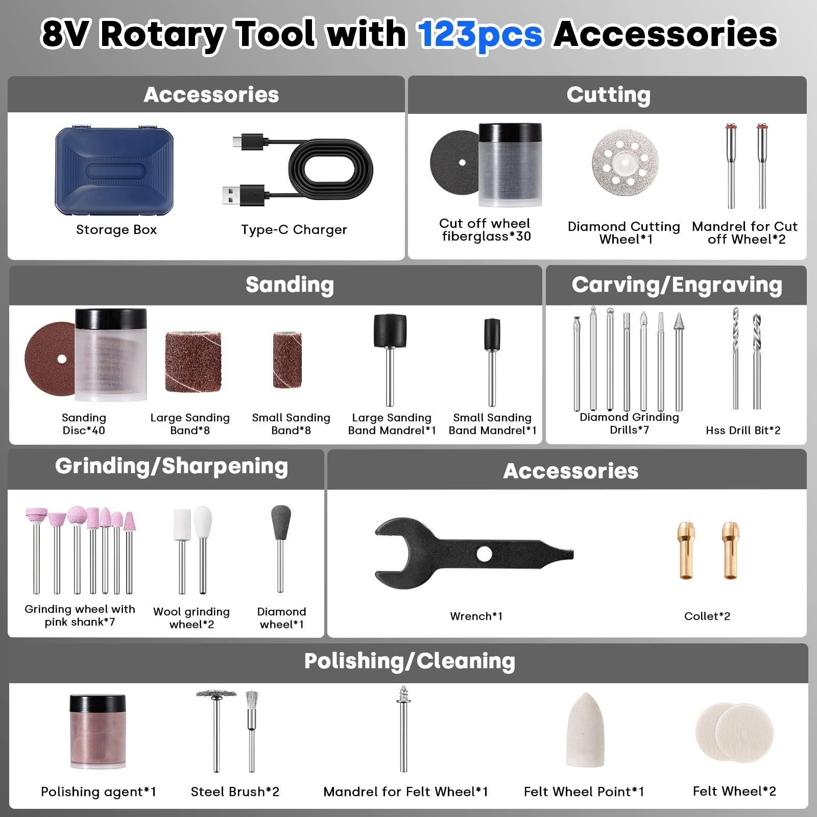 Enventor Cordless Rotary Tool, 8V Power Rotary Tool Kit with 123pcs Accessori…