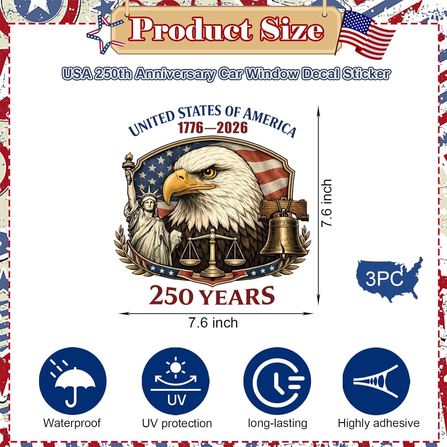 USA Car Decal Sticker 250th Anniversary 1776-2026 Patriotic Bumper 3pcs