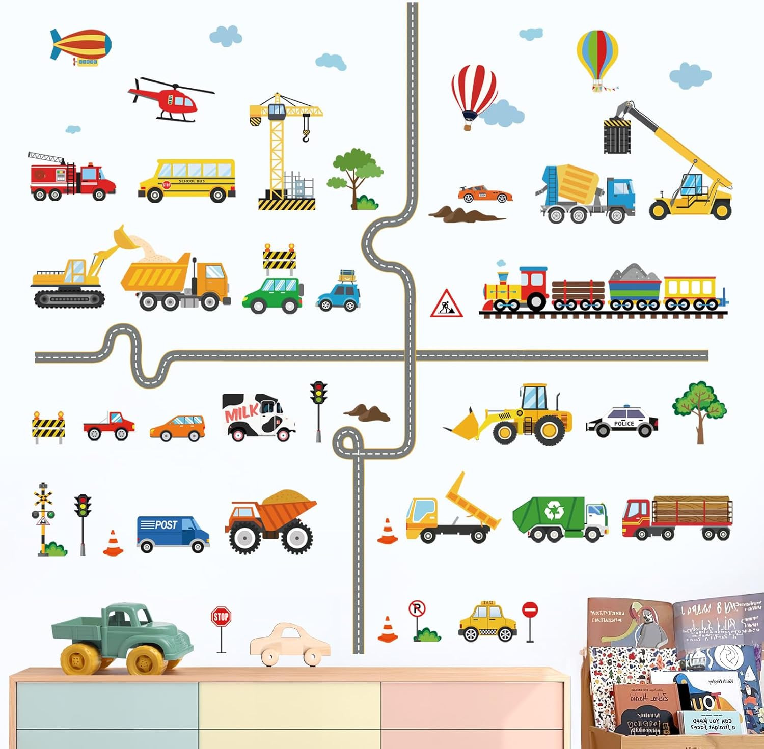 Car Road Wall Stickers Transports Vehicles Construction Truck Wall Decals Baby N