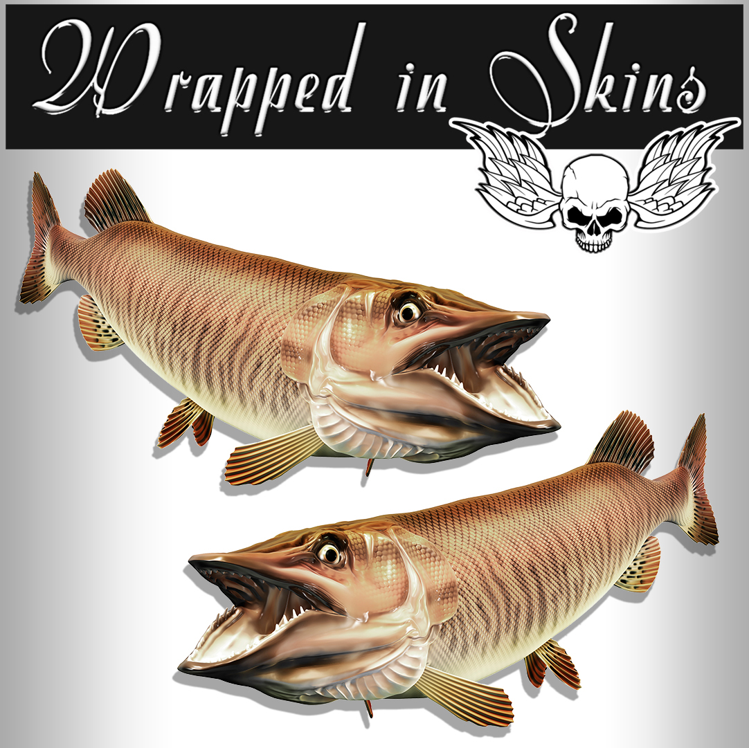 Tiger Musky Fish Stickers Fish Decals Vinyl Adhesive Set of 2 Mirrored AFP-0090