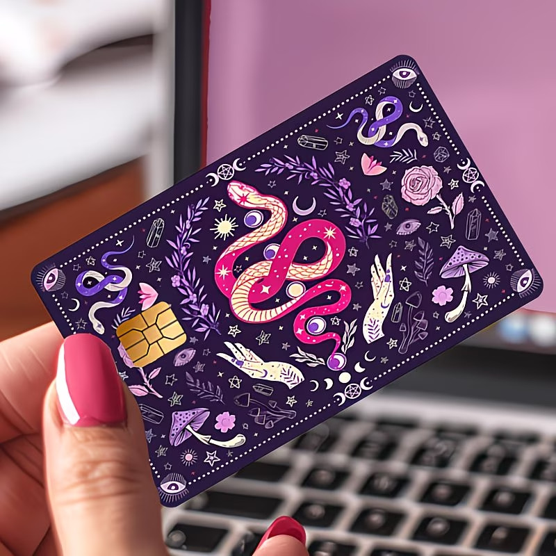 Pink & Purple Snakes with Floral Mushrooms & Sun Moon Credit Card Skin Sticker