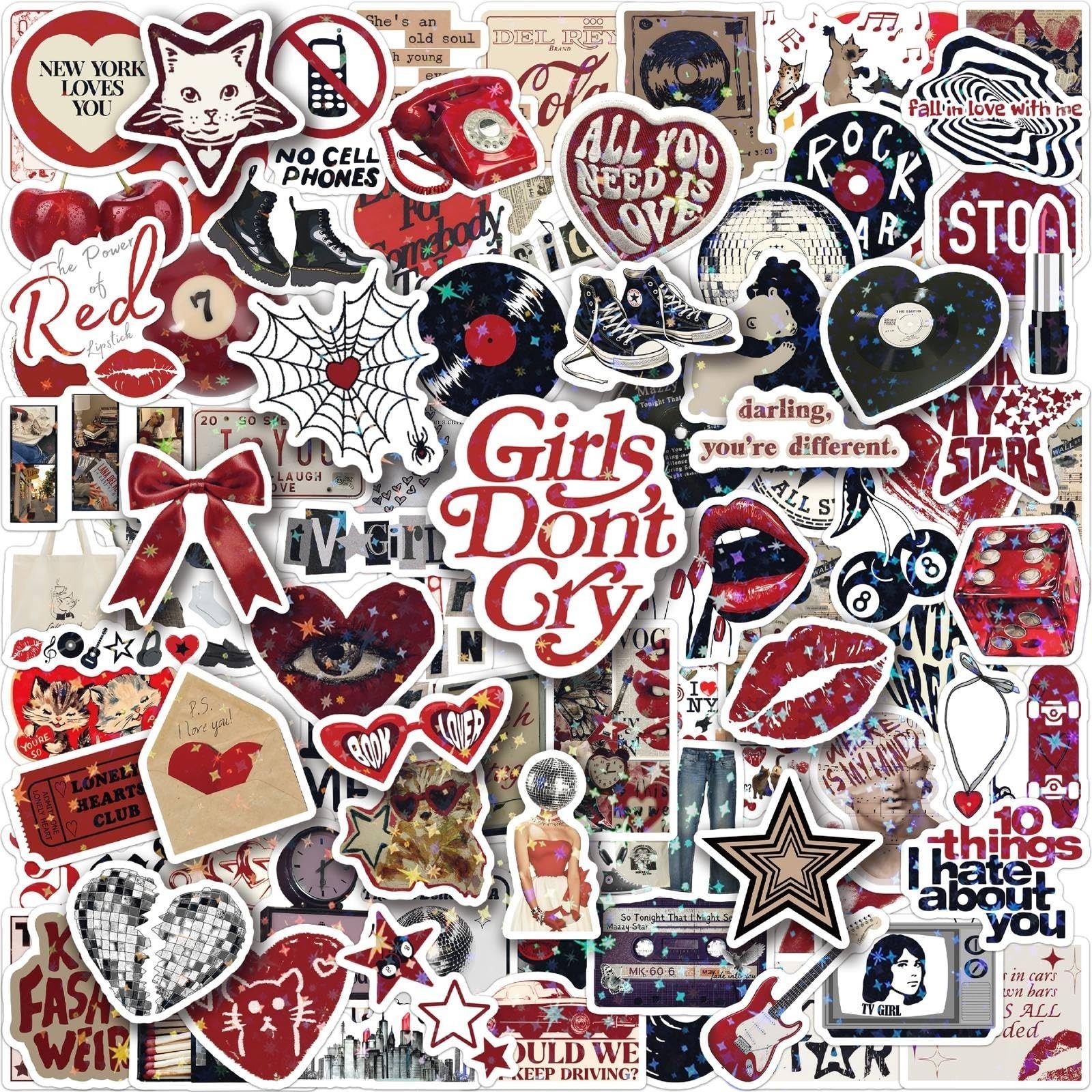 102 PCS Holographic Aesthetic Stickers – Y2K Grunge Cute Red Decals for Water Bo
