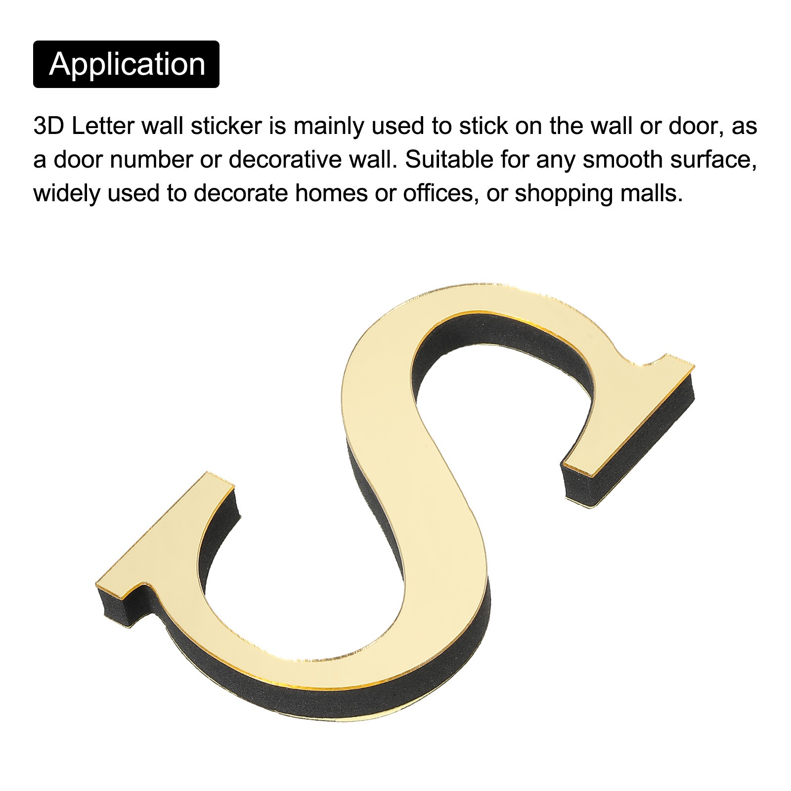 3D Acrylic Alphabet Mirror Wall Stickers Letter S Self-Adhesive Light Gold