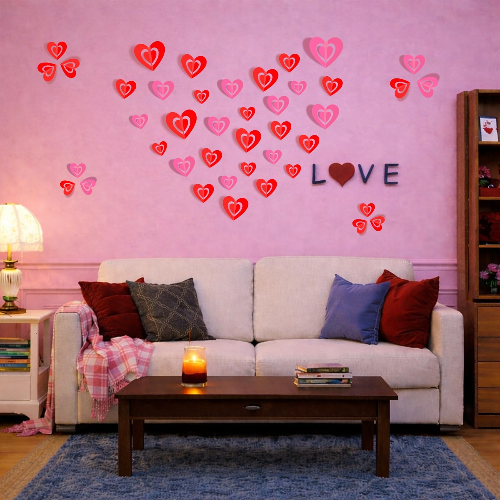 60 Pcs Valentines Day Wall Decals, 3D Valentines Day Stickers Heart Wall Stic…