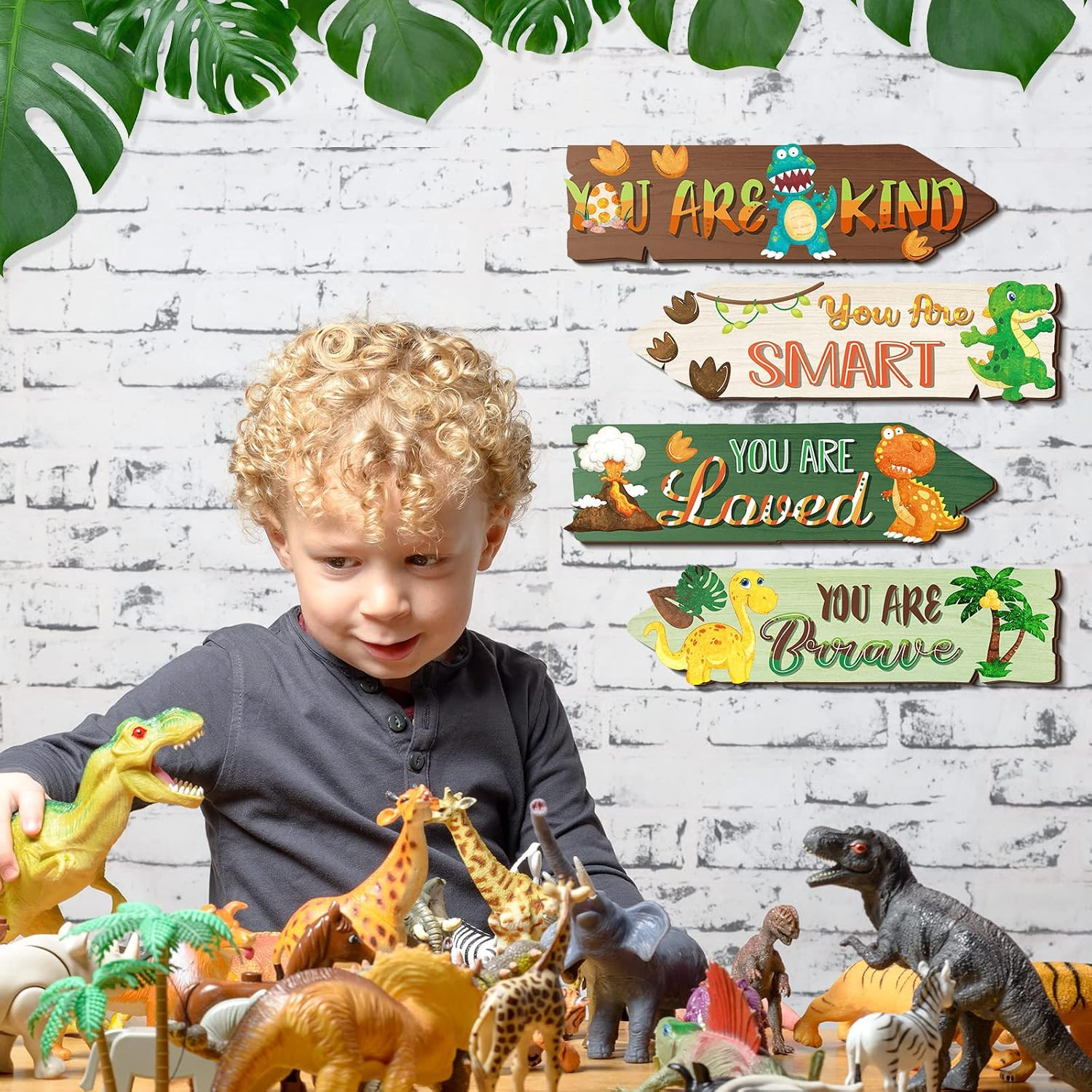 4 Pieces 11.2 X 3 Inch Dinosaur Motivational Wall Art Decors Dinosaur Wooden Han