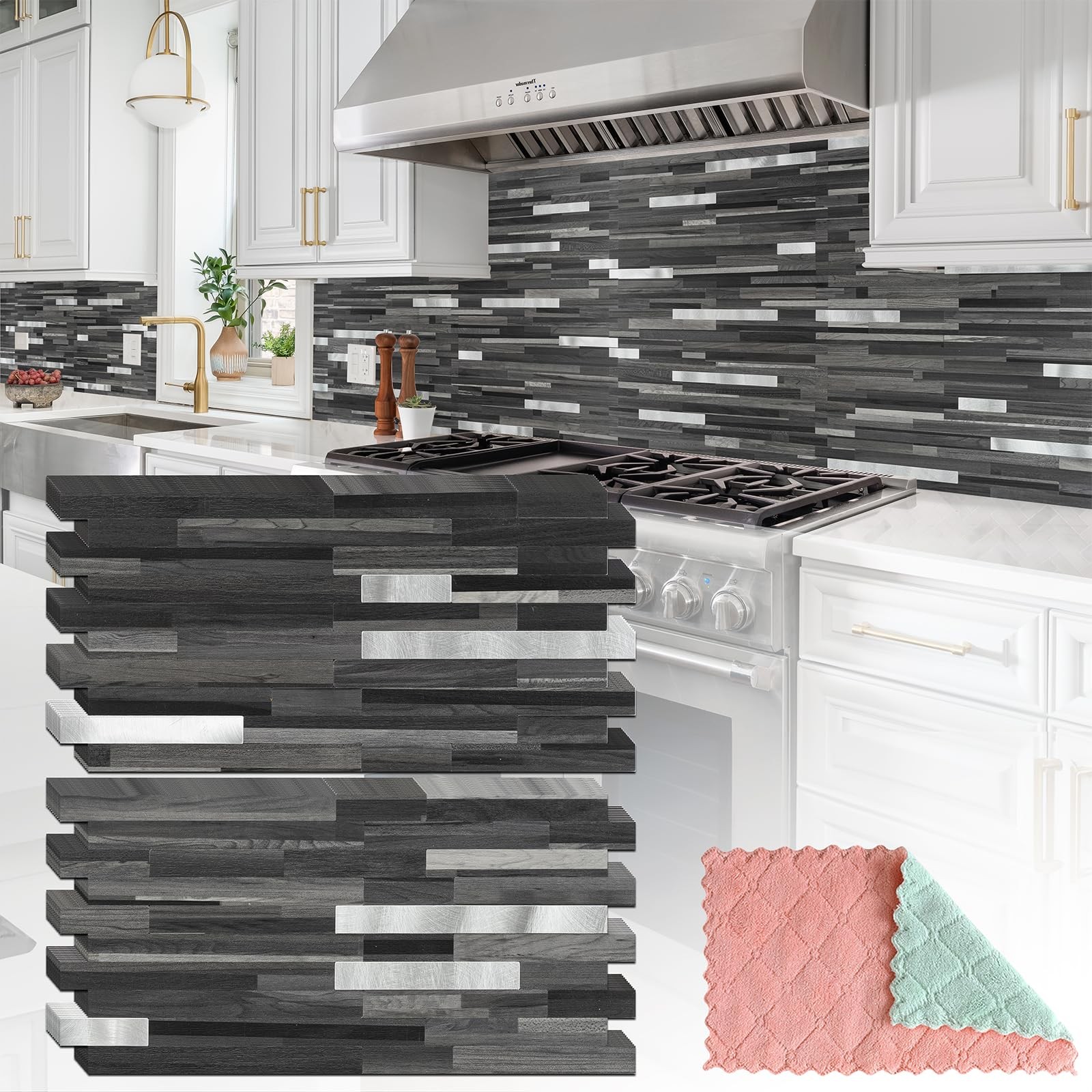 StyloVue 20 Sheets Peel 12 inch x 5.9 inch, Black Grey Wood With Metal Silver