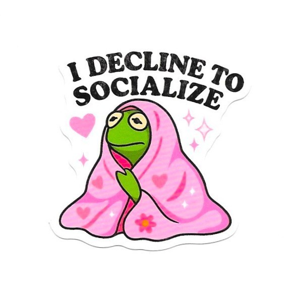 I Decline to Socialize Vinyl Sticker Funny Frog Pink Blanket Introvert Humor